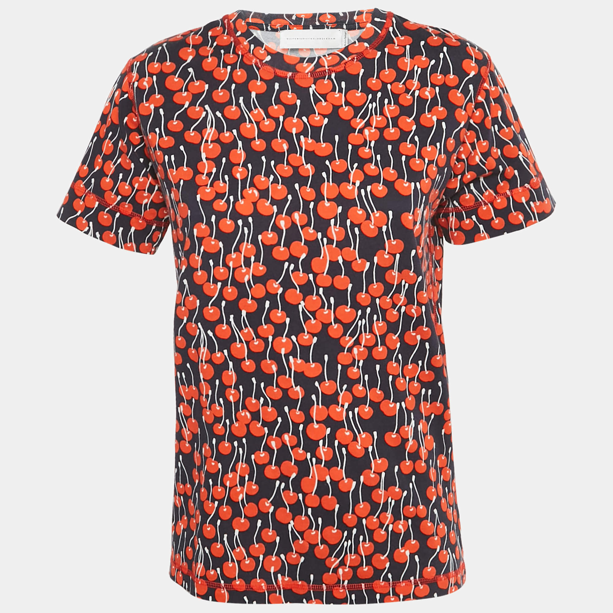 Pre Owned Victoria Victoria Beckham Midnight Blue Cherry Print Cotton T-Shirt M 