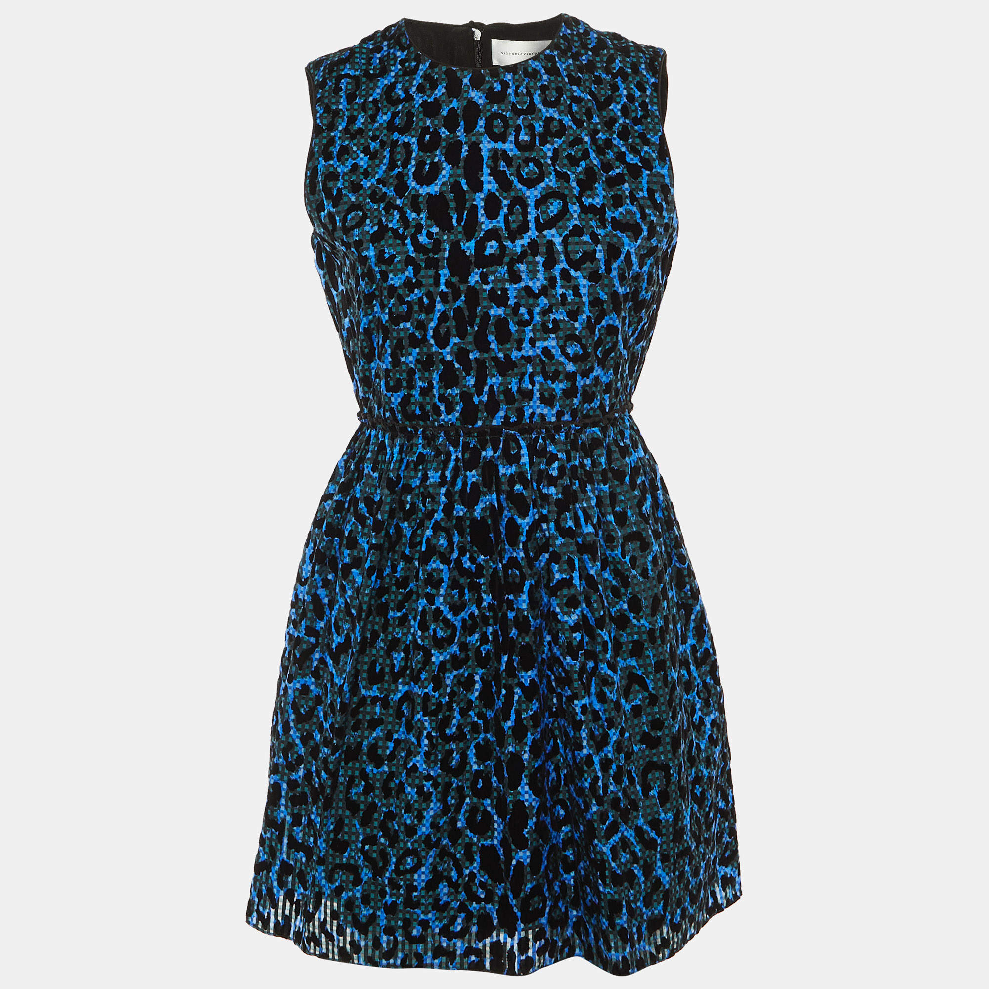 Pre Owned Victoria Victoria Beckham Blue/Black Leopard Pattern Devore Sleeveless Dress M