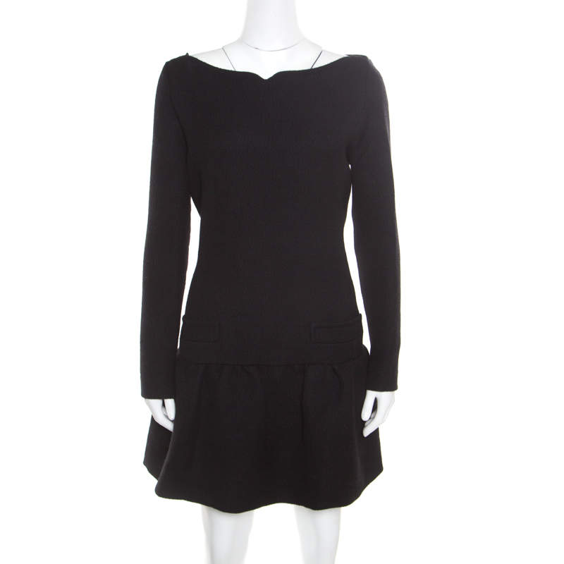 Pre Owned Victoria Victoria Beckham Black Textured Wool Drop Waist Dress M