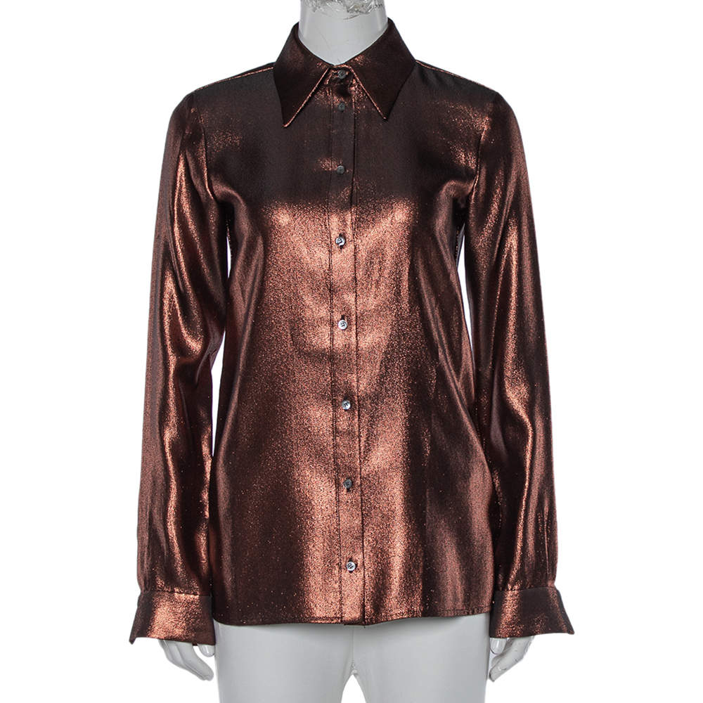 مملوكة مسبقًا Victoria Victoria Beckham Brown Lamé Long Sleeve Shirt XS