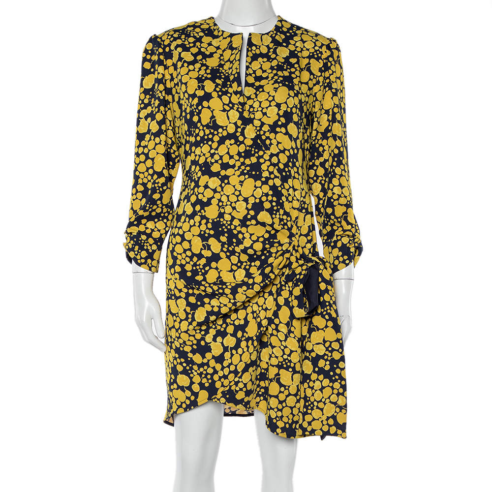 Victoria Victoria Beckham Yellow & Navy Blue Printed Crepe Faux Wrap Mini Dress S
