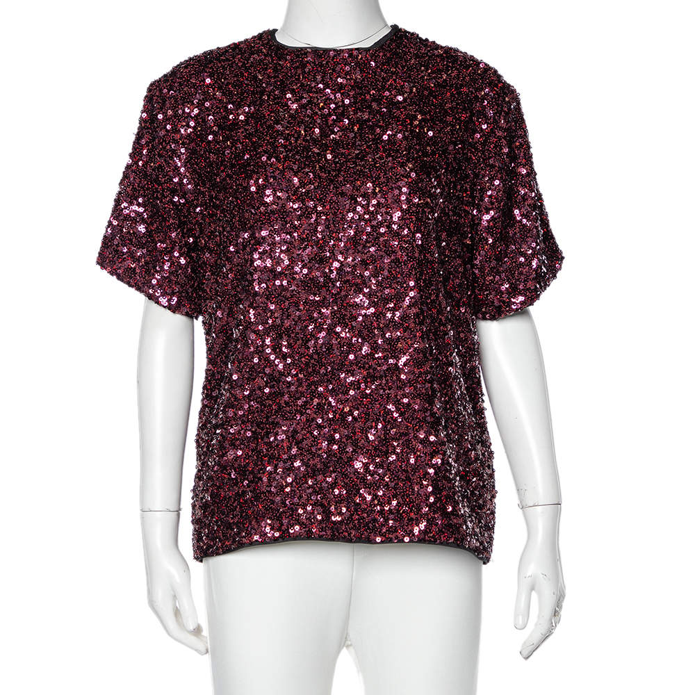 Pre Owned Victoria Victoria Beckham Burgundy Sequin Embellished Oversized Top S