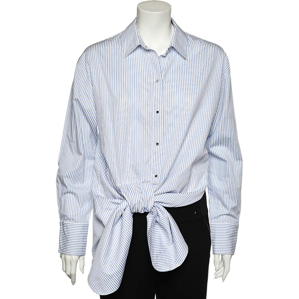 Pre Owned Victoria Victoria Beckham White & Blue Cotton Bow Detail Shirt M
