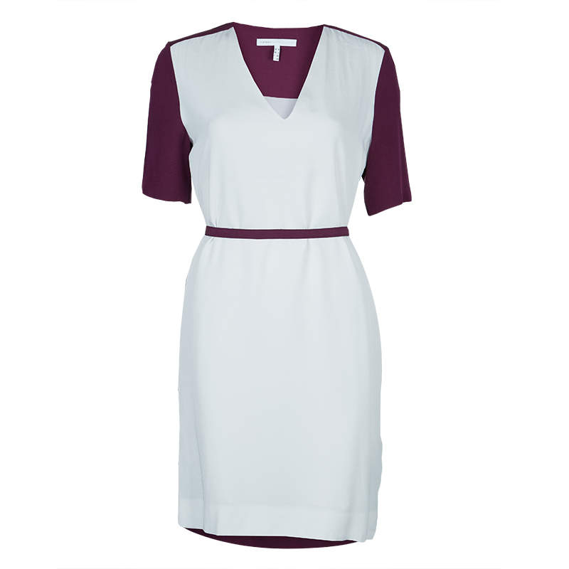 Victoria Victoria Beckham Purple and White Belted Shift Dress S