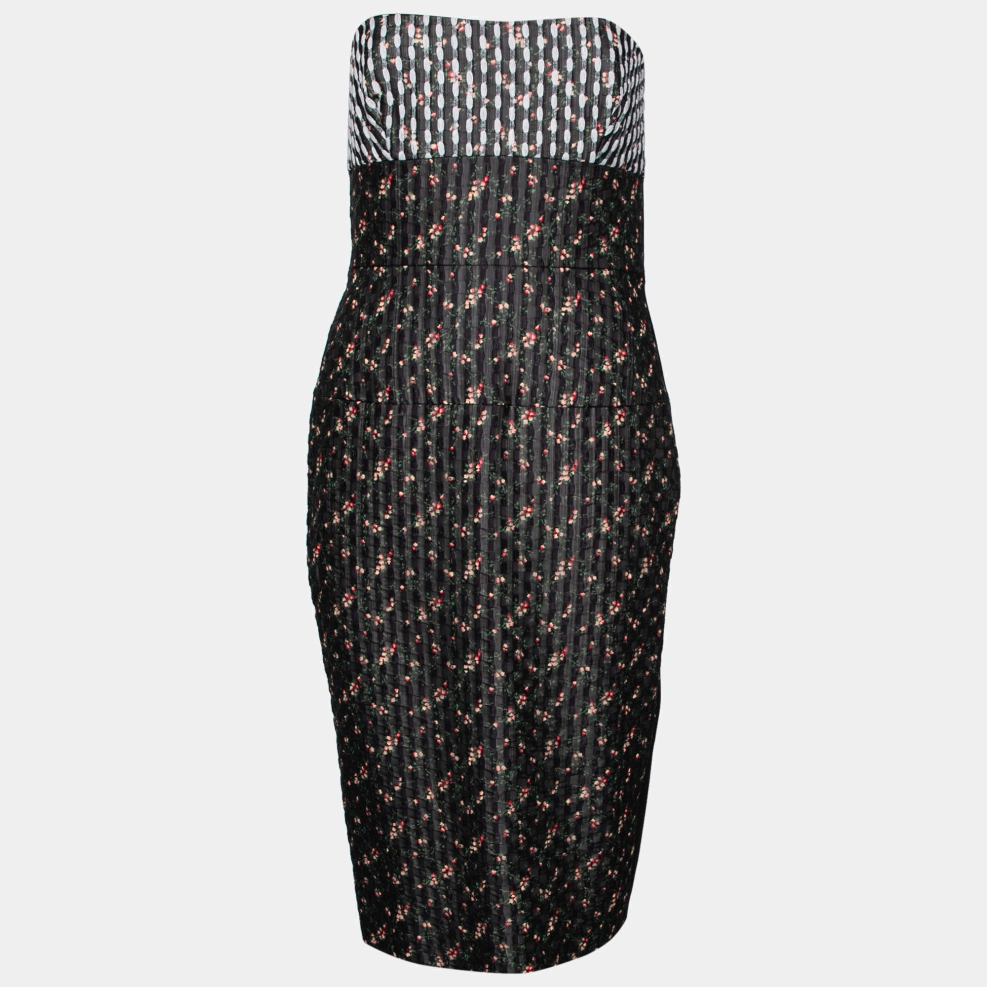 Victoria Beckham Black Floral Printed Jacquard Organza Strapless Dress L