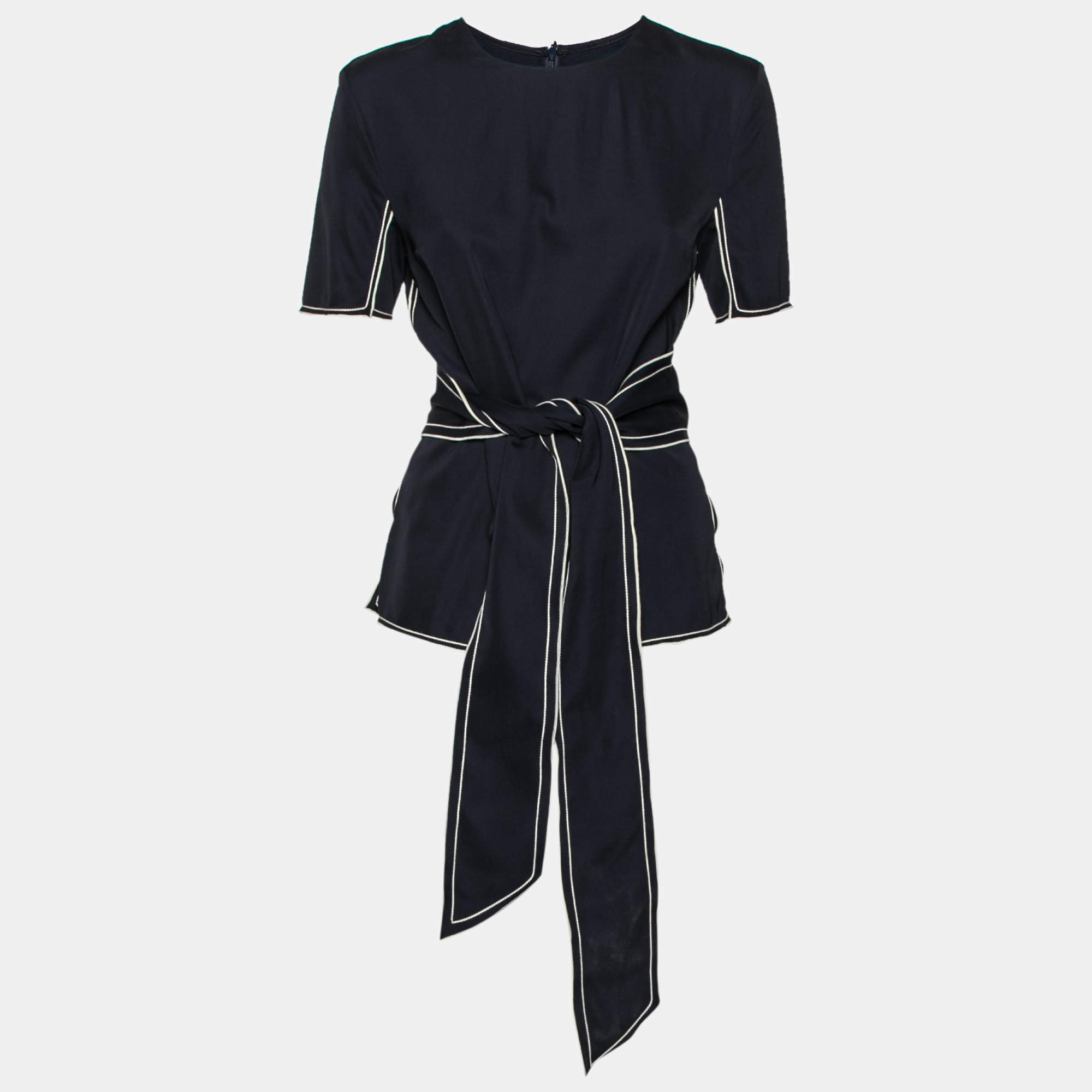 Pre Owned Victoria Victoria Beckham Navy Blue Crepe Contrast Trimmed Belted Top S