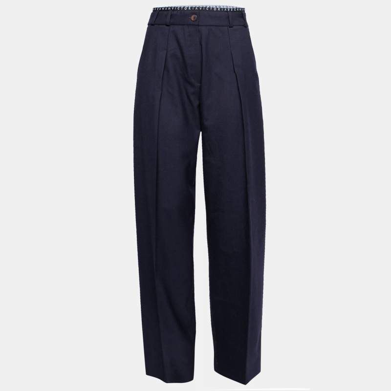 Pre Owned Victoria Victoria Beckham Midnight Blue Wool Logo Tape Trim Detail Straight Leg Pants S