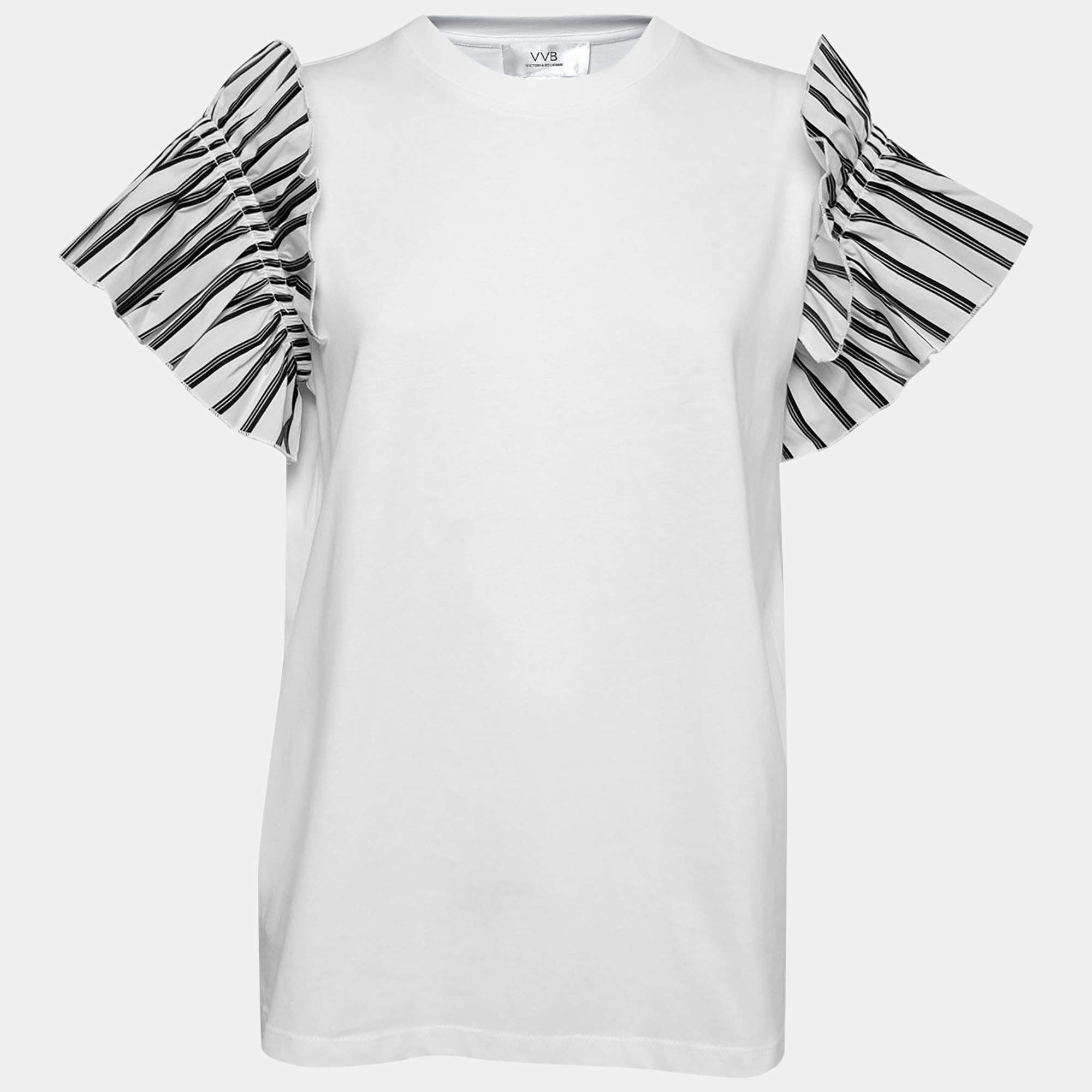 Pre Owned Victoria Victoria Beckham White Cotton Striped Ruffle-Sleeve Top S