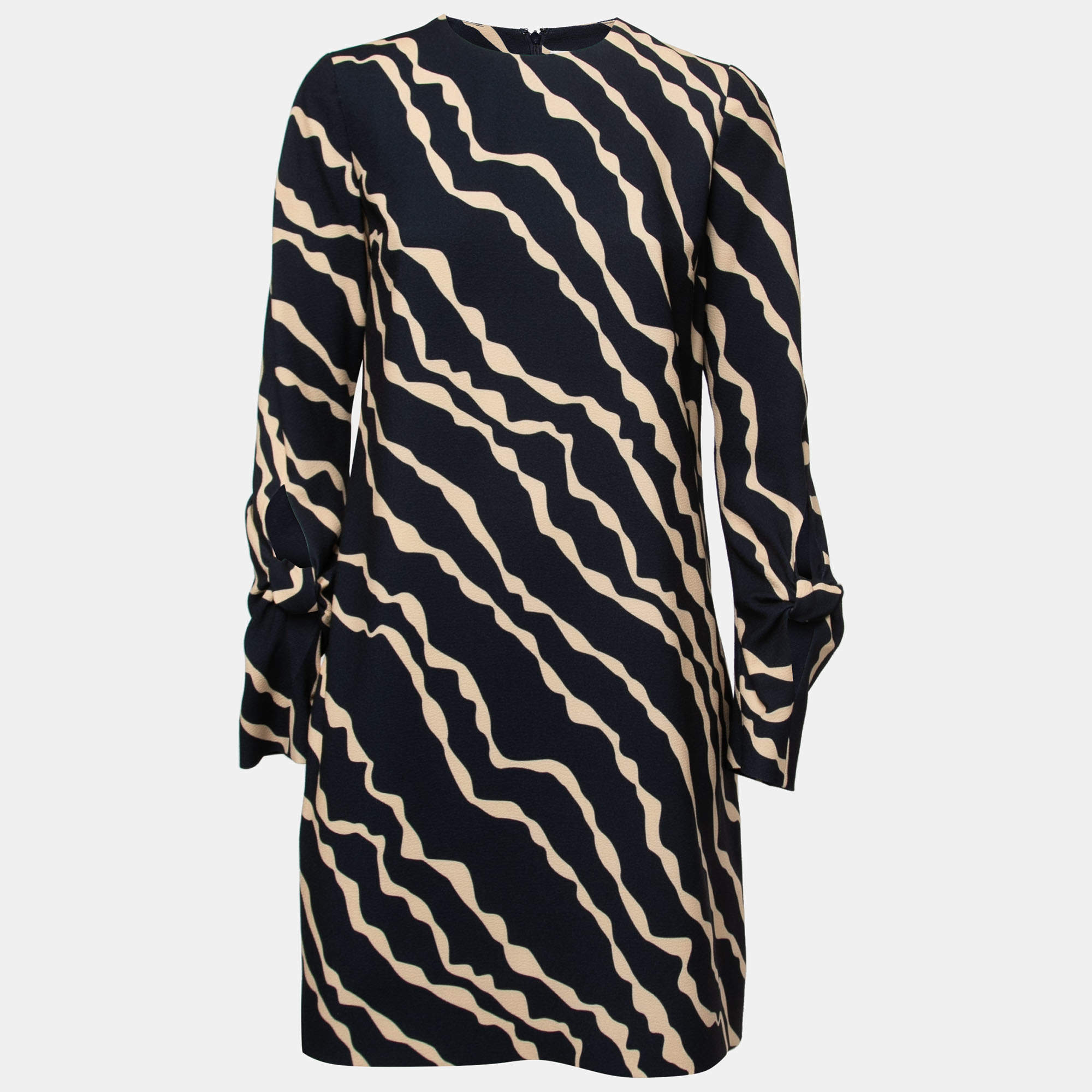 Pre Owned Victoria Victoria Beckham Navy Blue Printed Crepe Long Sleeve Shift Dress S
