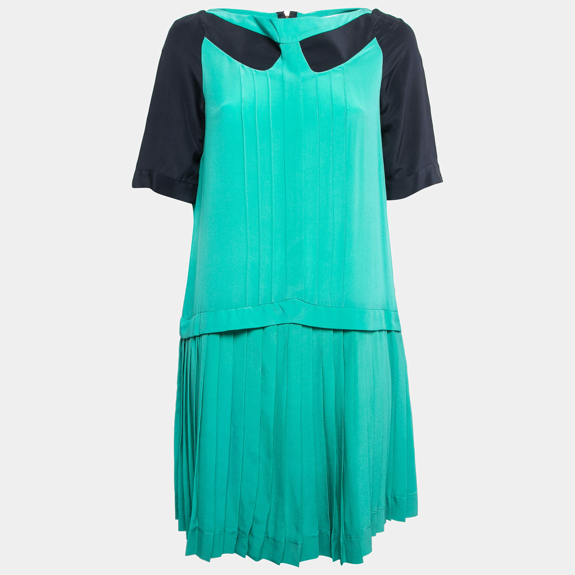 Victoria Victoria Beckham Green/Navy Blue Silk Pleated Mini Dress M