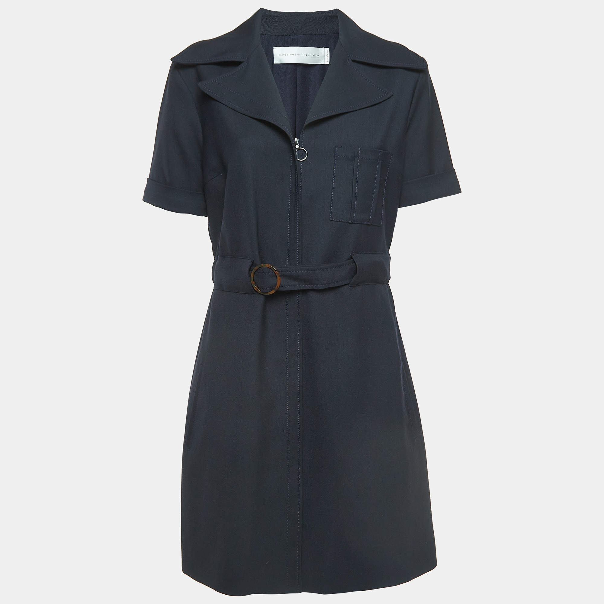 Pre Owned Victoria Victoria Beckham Navy Blue Wool Blend Zip-Up Mini Dress L