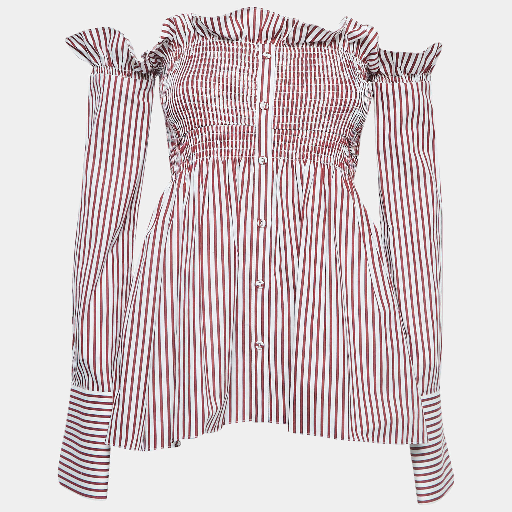 Pre Owned Victoria Victoria Beckham White/Red Striped Cotton Off-Shoulder Blouse S