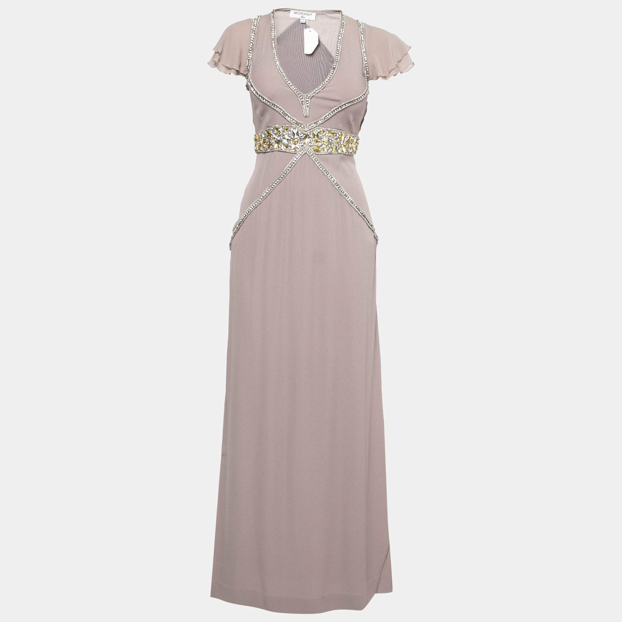 Viktor & Rolf Soir Mauve Silk Crystal Embellished Layered Flutter Sleeve Evening Gown S