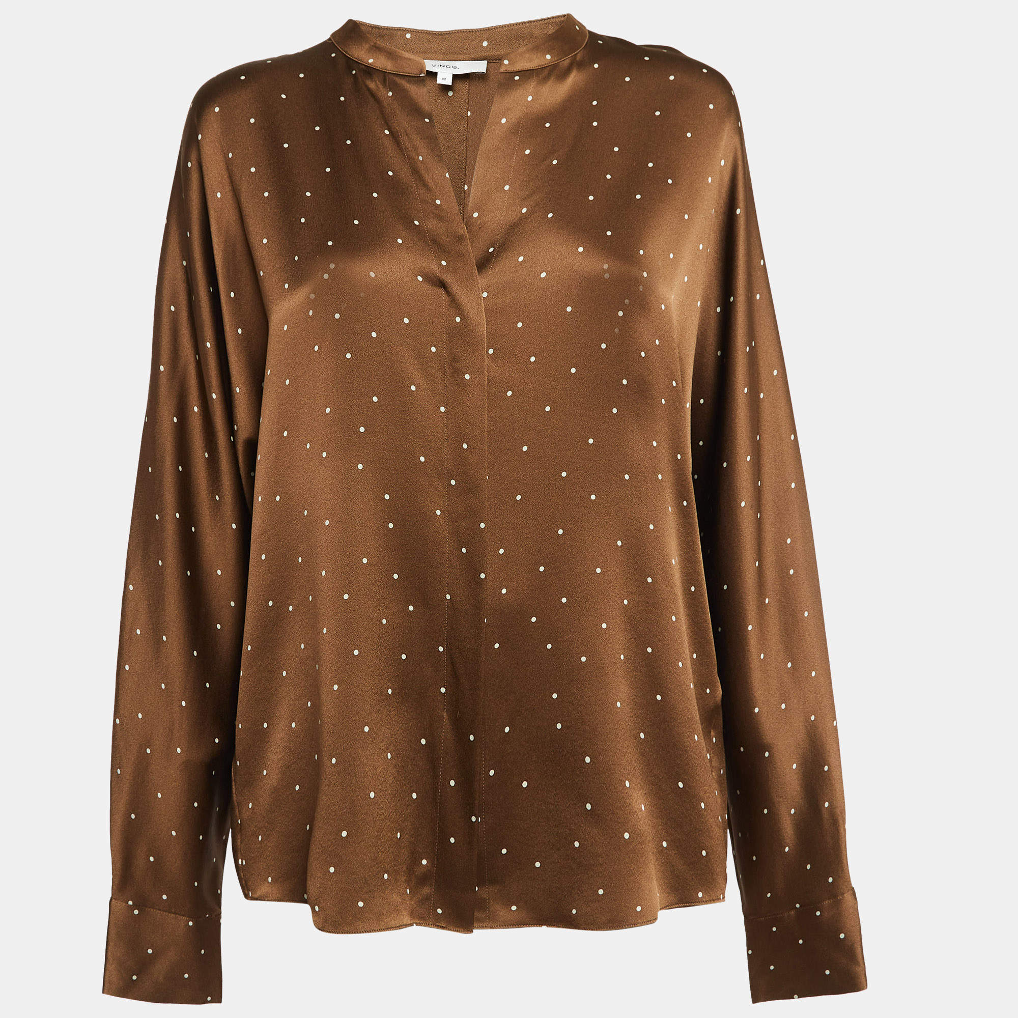 Vince Brown Polka Dots Satin Long Sleeve Blouse M