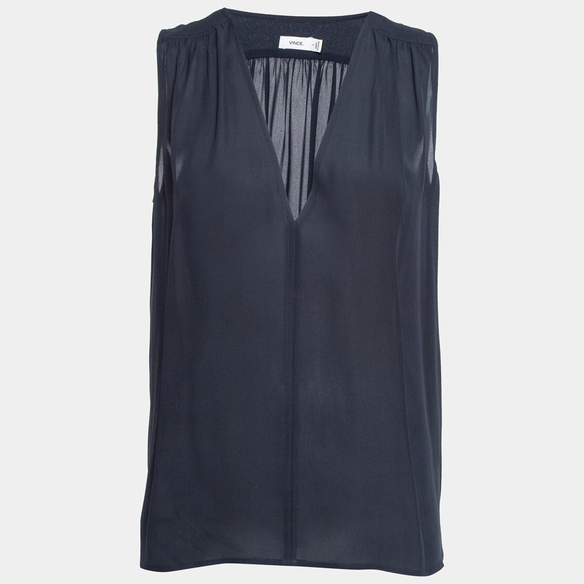 Pre Owned Vince Navy Blue Silk Shirred Shoulder Tank S