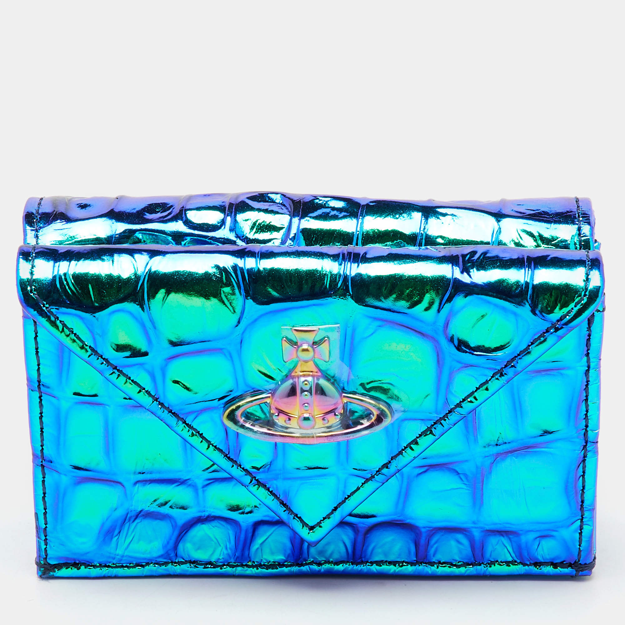 Vivienne Westwood Multicolor Iridescent Croc Embossed Leather Envelope Billfold Small Frame Wallet