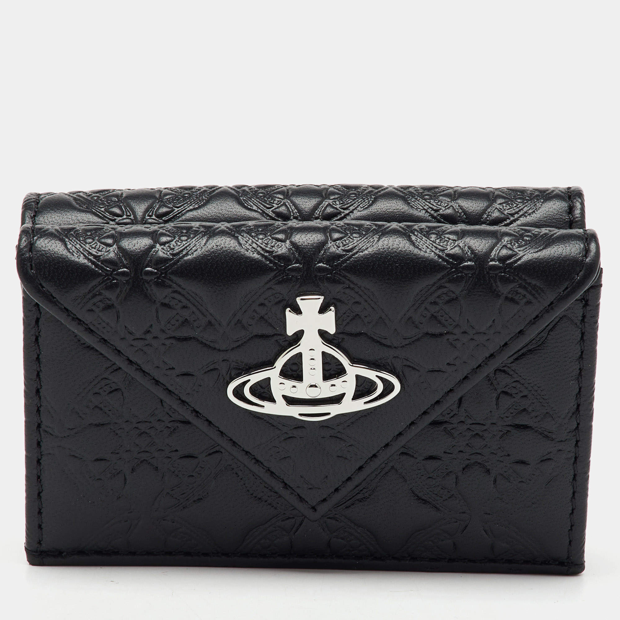 Vivienne Westwood Black Monogram Embossed Leather Envelope Billfold Small Frame Wallet