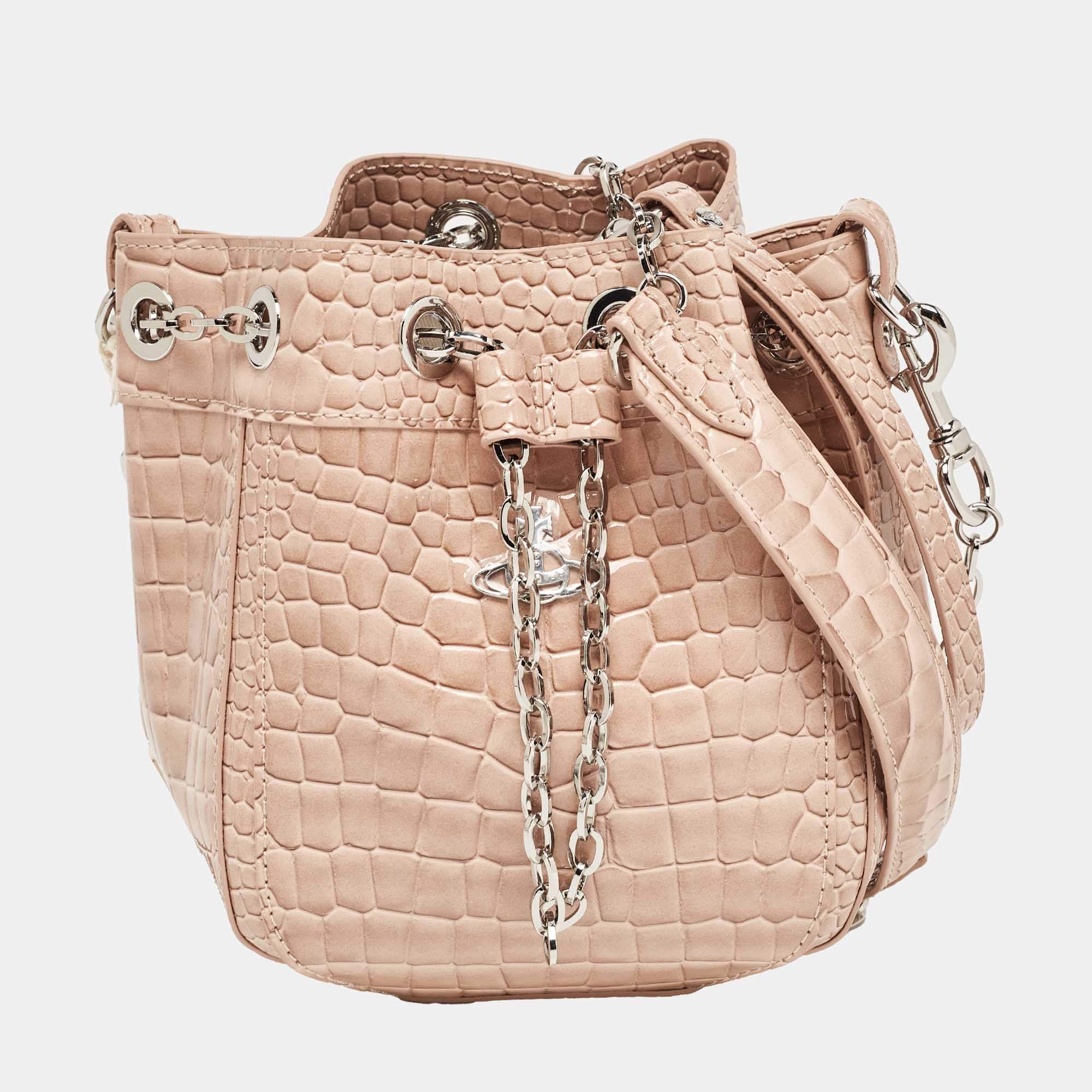 Vivienne Westwood Pink Croc Embossed Leather Chrissy Bucket Bag