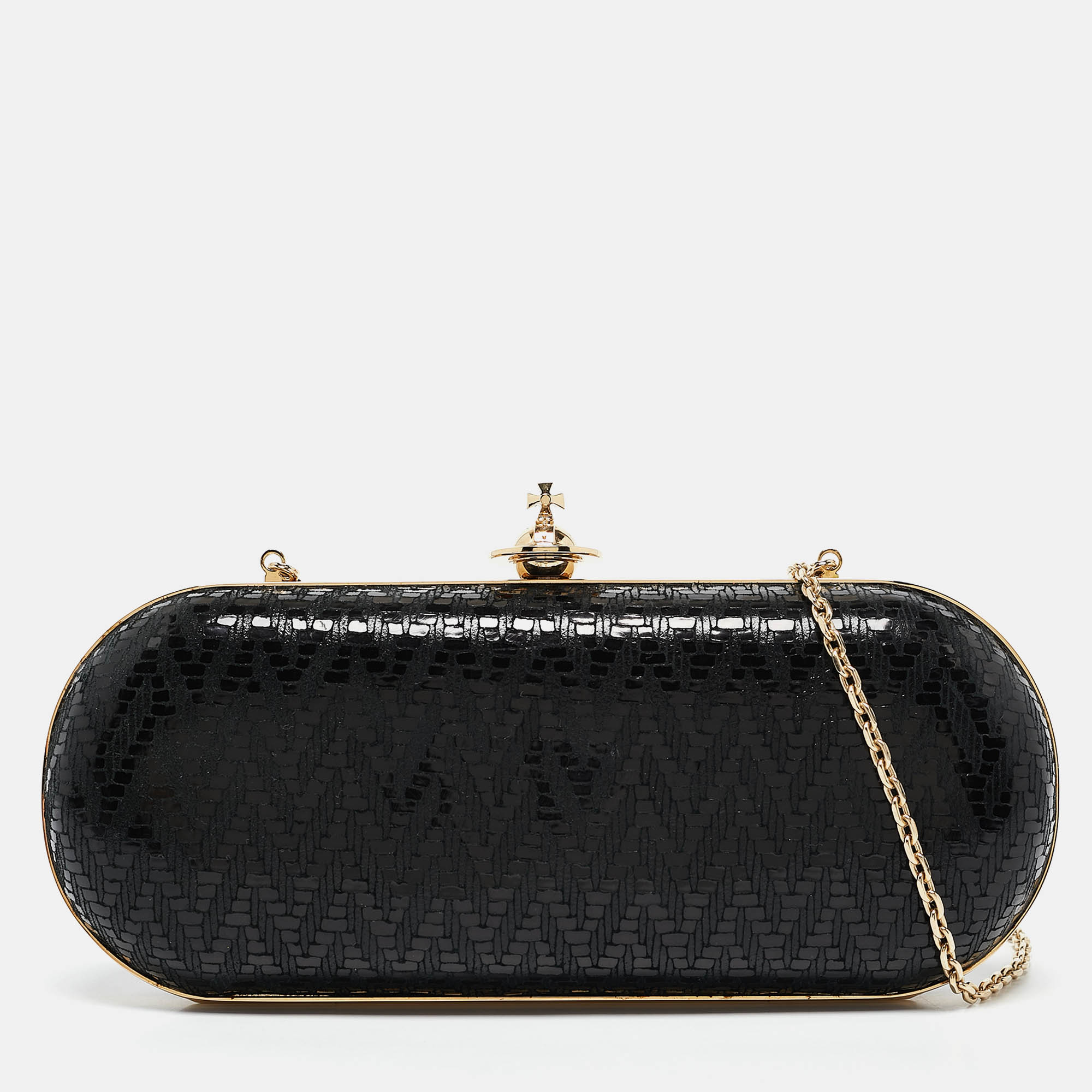 Vivienne Westwood Black Printed Patent Leather Frame Chain Clutch