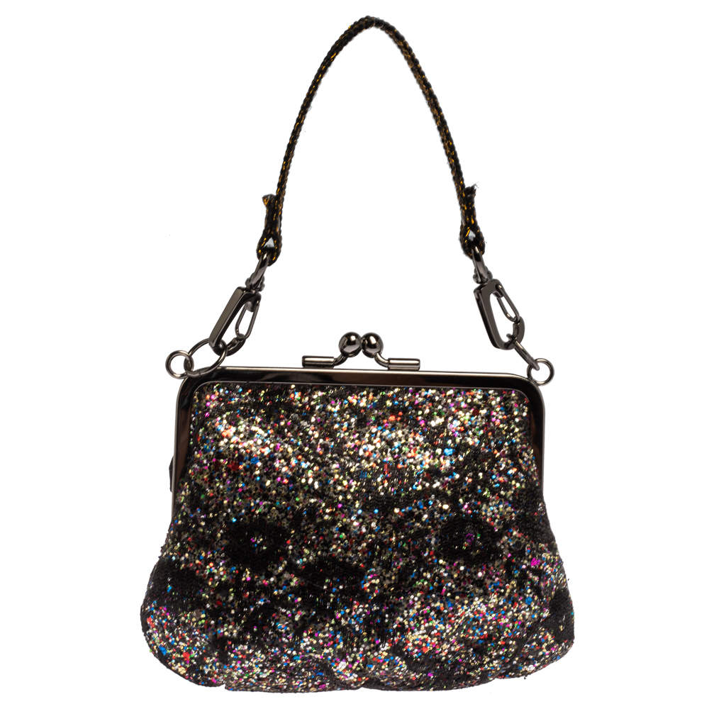 Vivienne Westwood Multicolor Lace and Glitter Kiss Lock Chain Clutch 