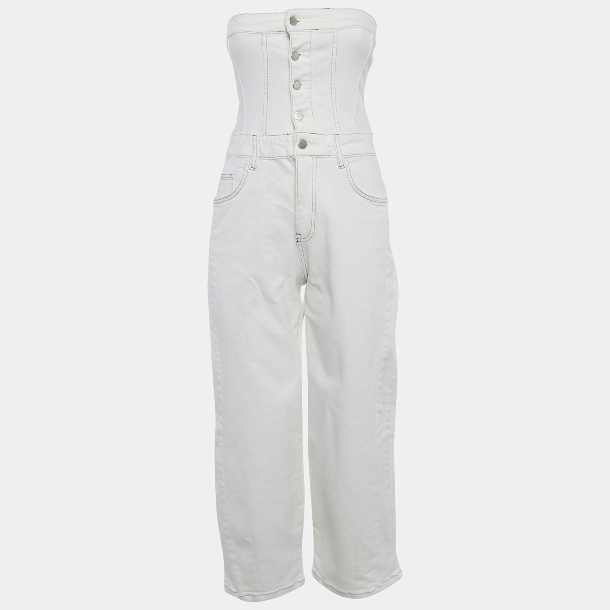 Pre Owned Wear That White Denim Strapless Jumpsuit M