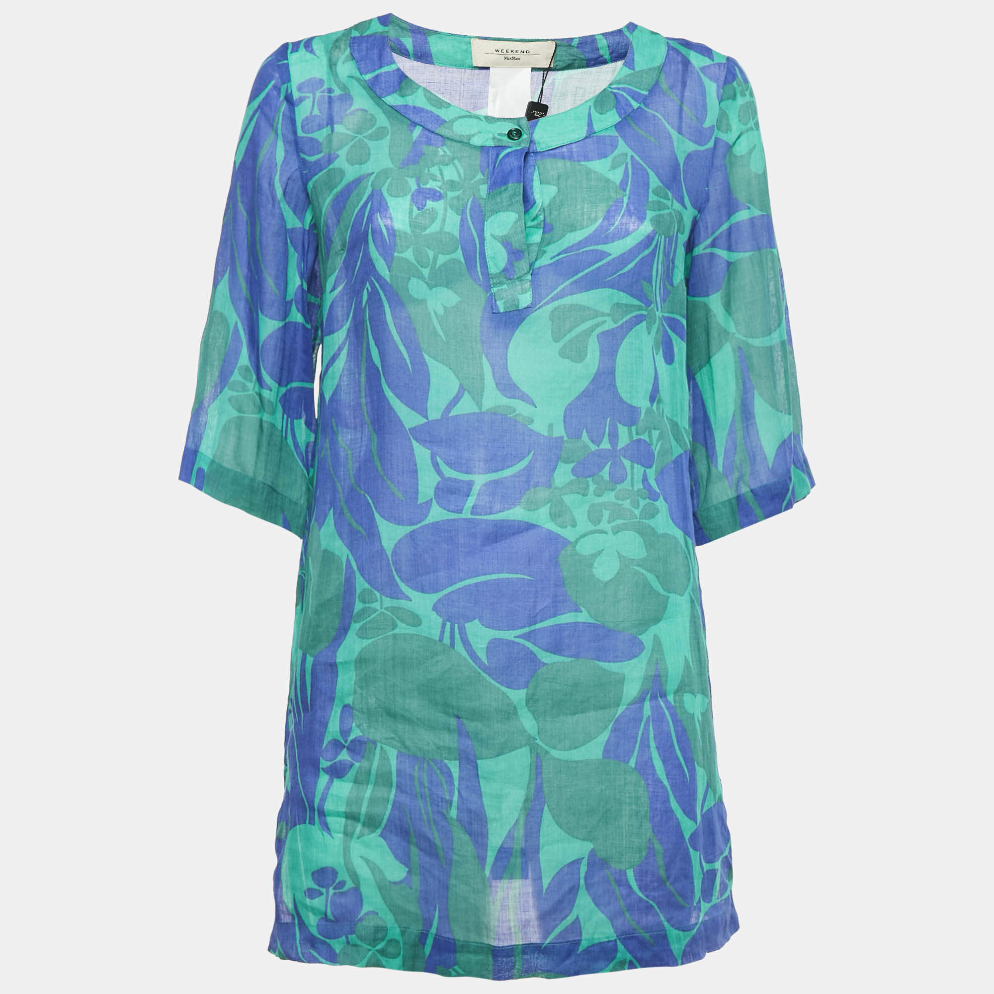 Weekend Max Mara Green/Blue Floral Print Ramie Buttoned Tunic XS