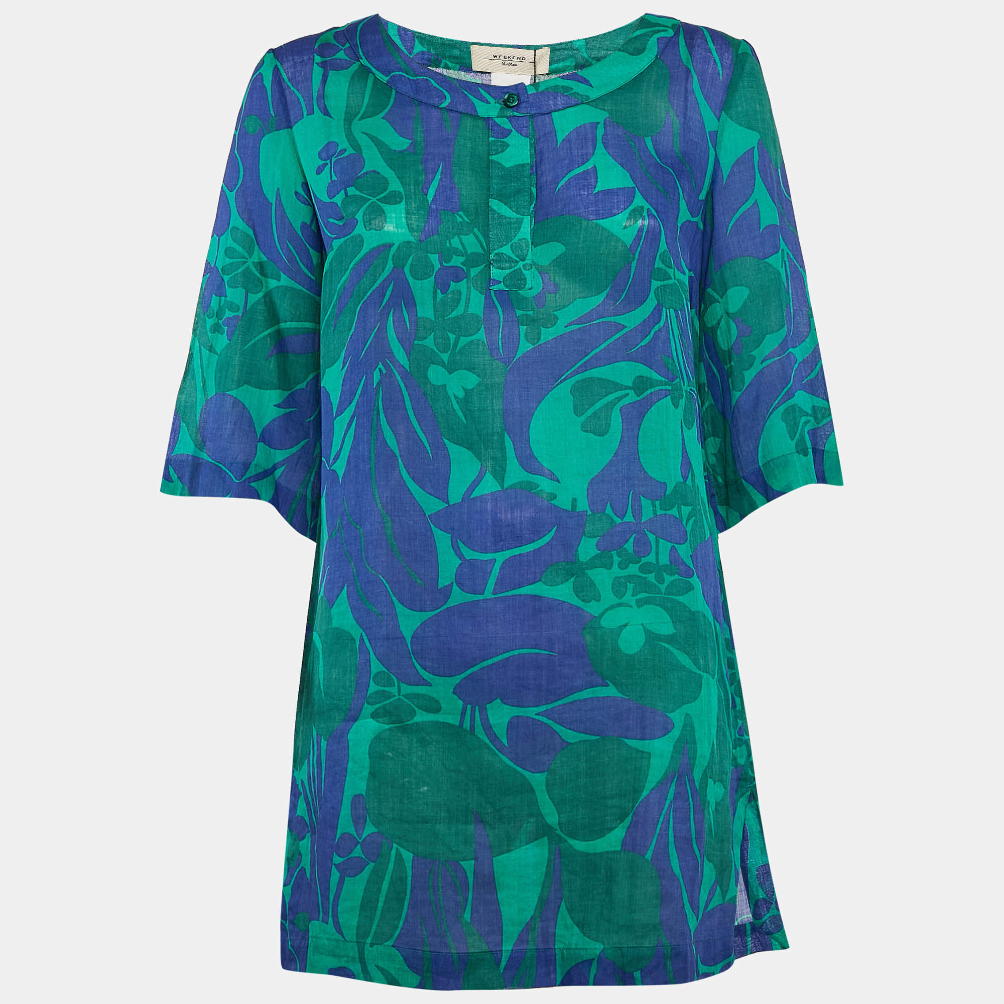 Weekend Max Mara Green/Blue Floral Print Ramie Buttoned Tunic S