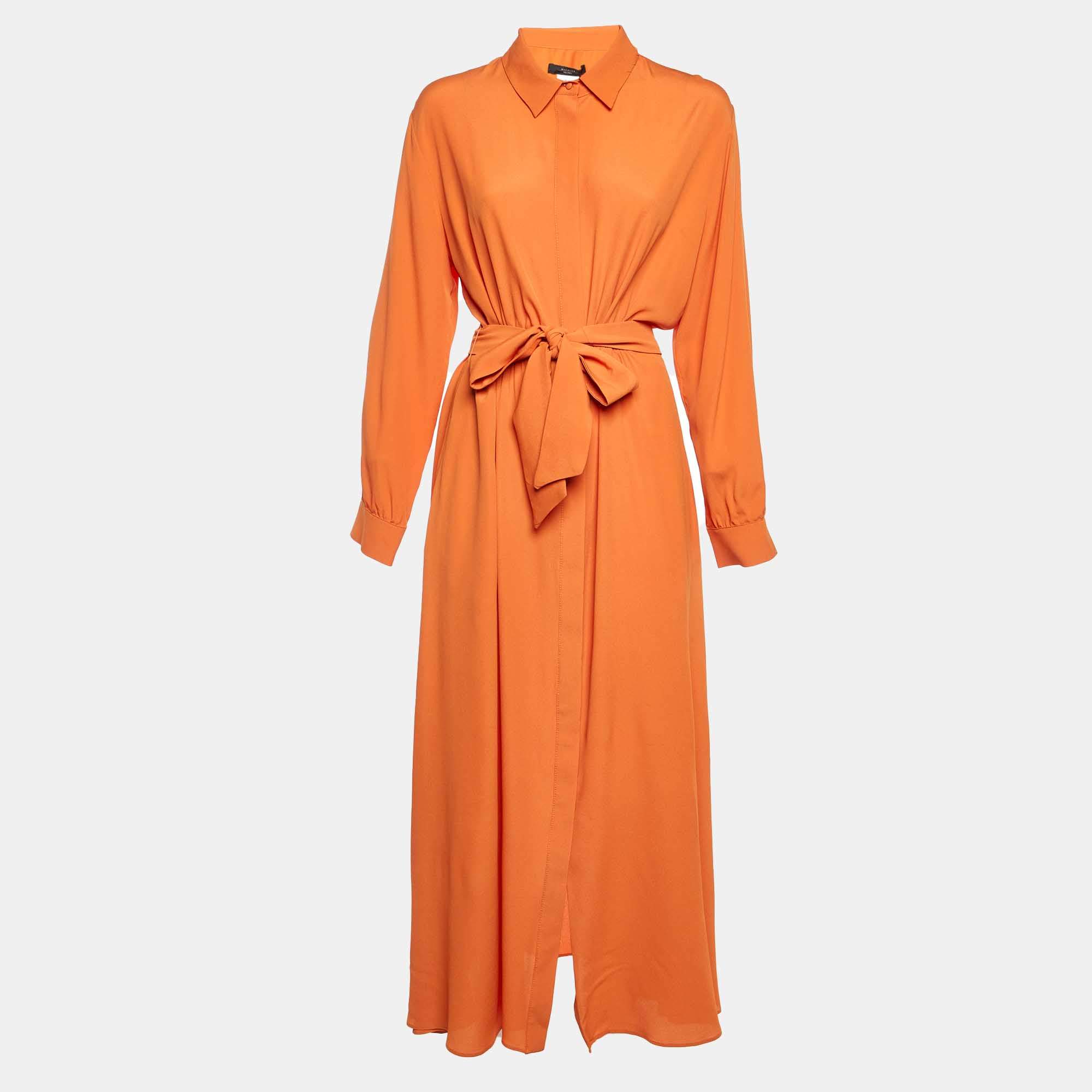 Pre Owned Weekend Max Mara Orange Crepe Pulvino Shirt Dress L