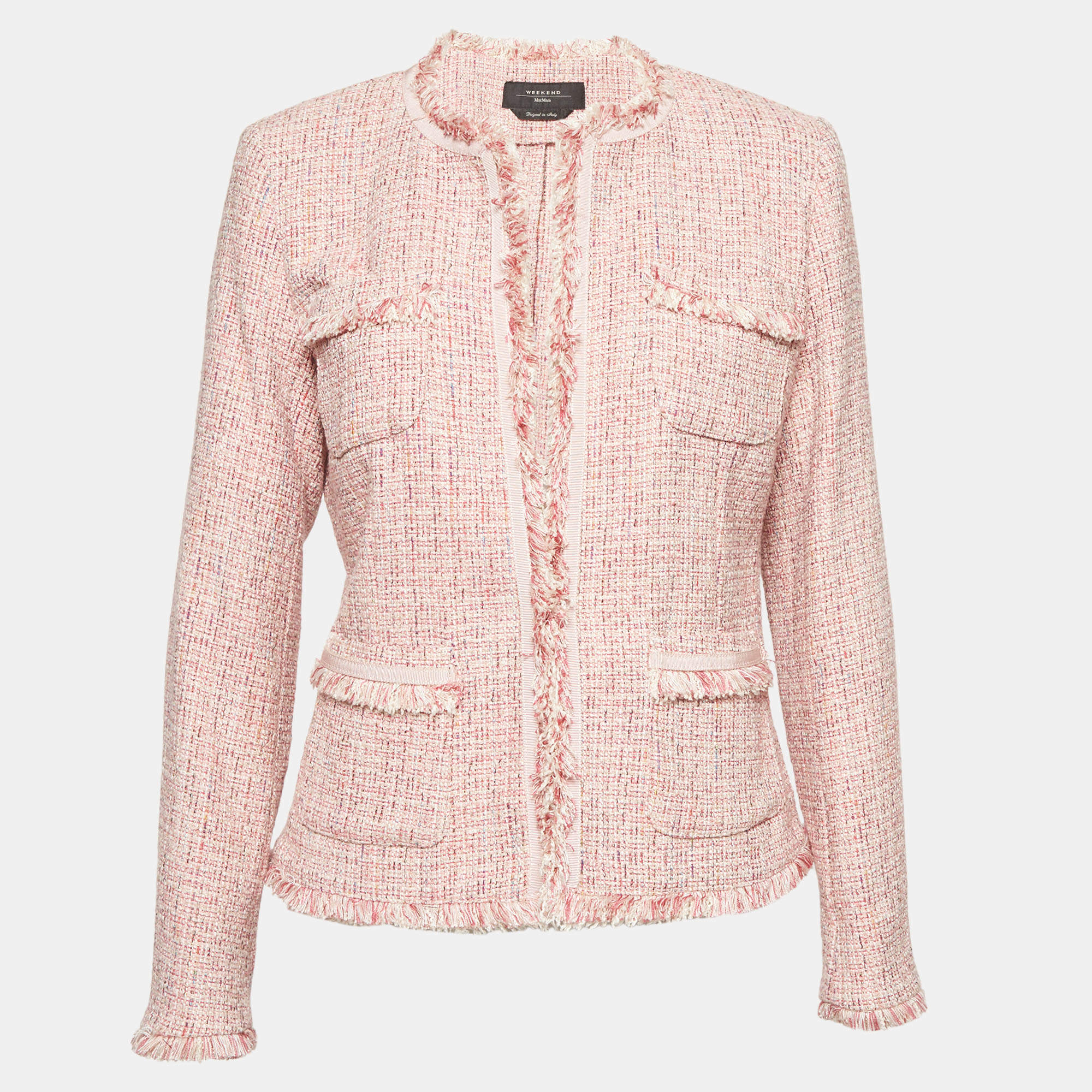 Pre Owned Weekend Max Mara Pink Tweed Fringed Collarless Jacket M