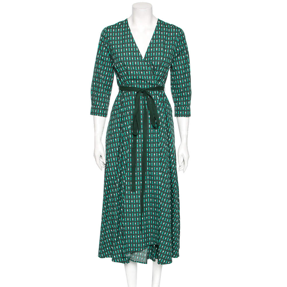 Pre Owned Weekend Max Mara Green Geometric Print Cotton Ravello Wrap Dress XS