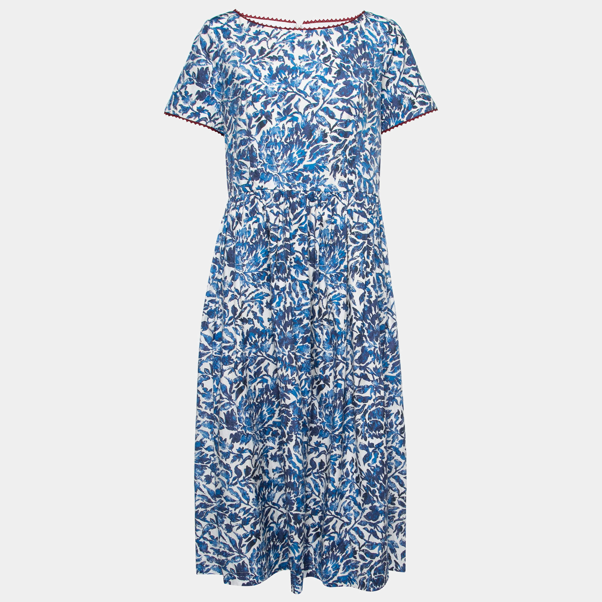 Pre Owned Weekend Max Mara Blue Floral Printed Cotton Filato Midi Dress L