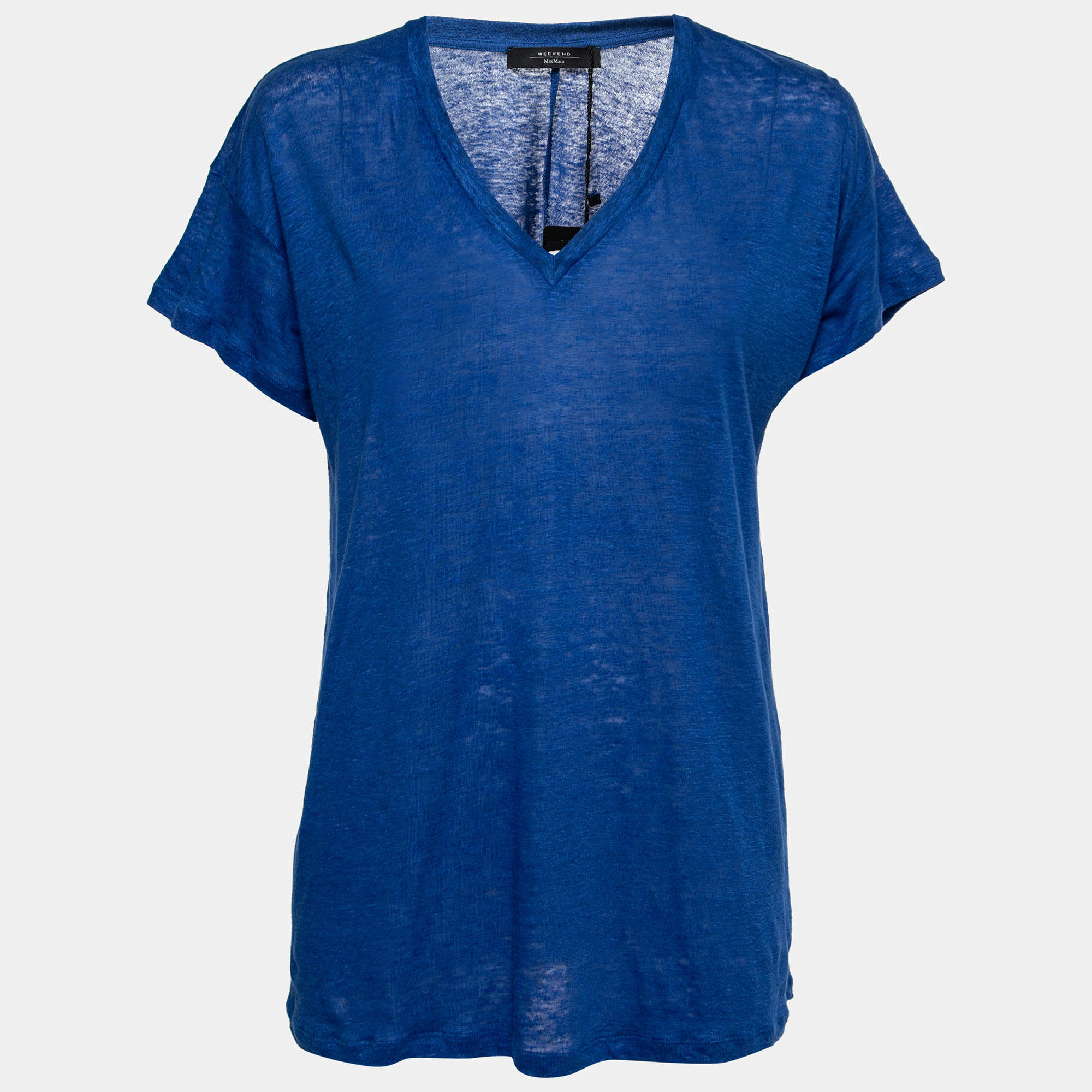 Pre Owned Weekend Max Mara Blue Linen V-Neck Zante V-Neck T-Shirt M 
