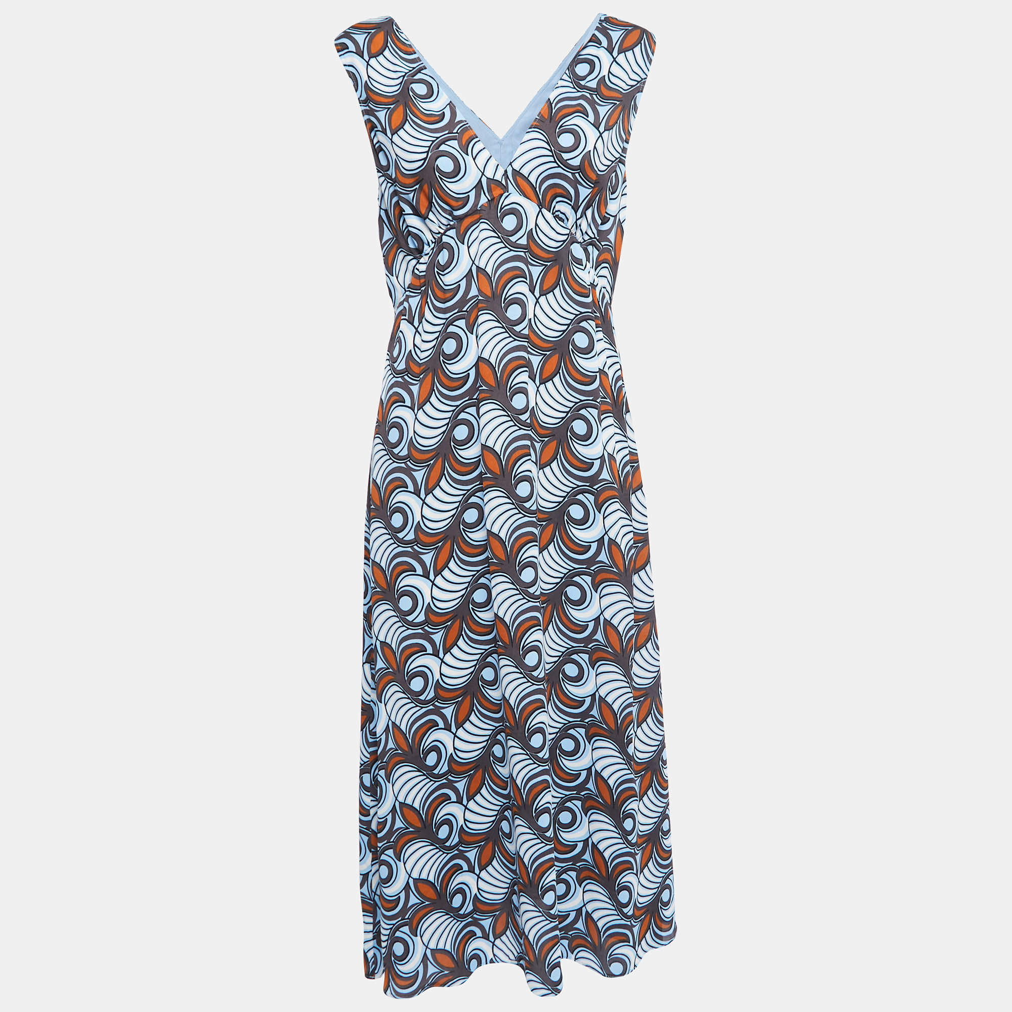 Weekend Max Mara Blue Printed Crepe V-Neck Midi Dress M