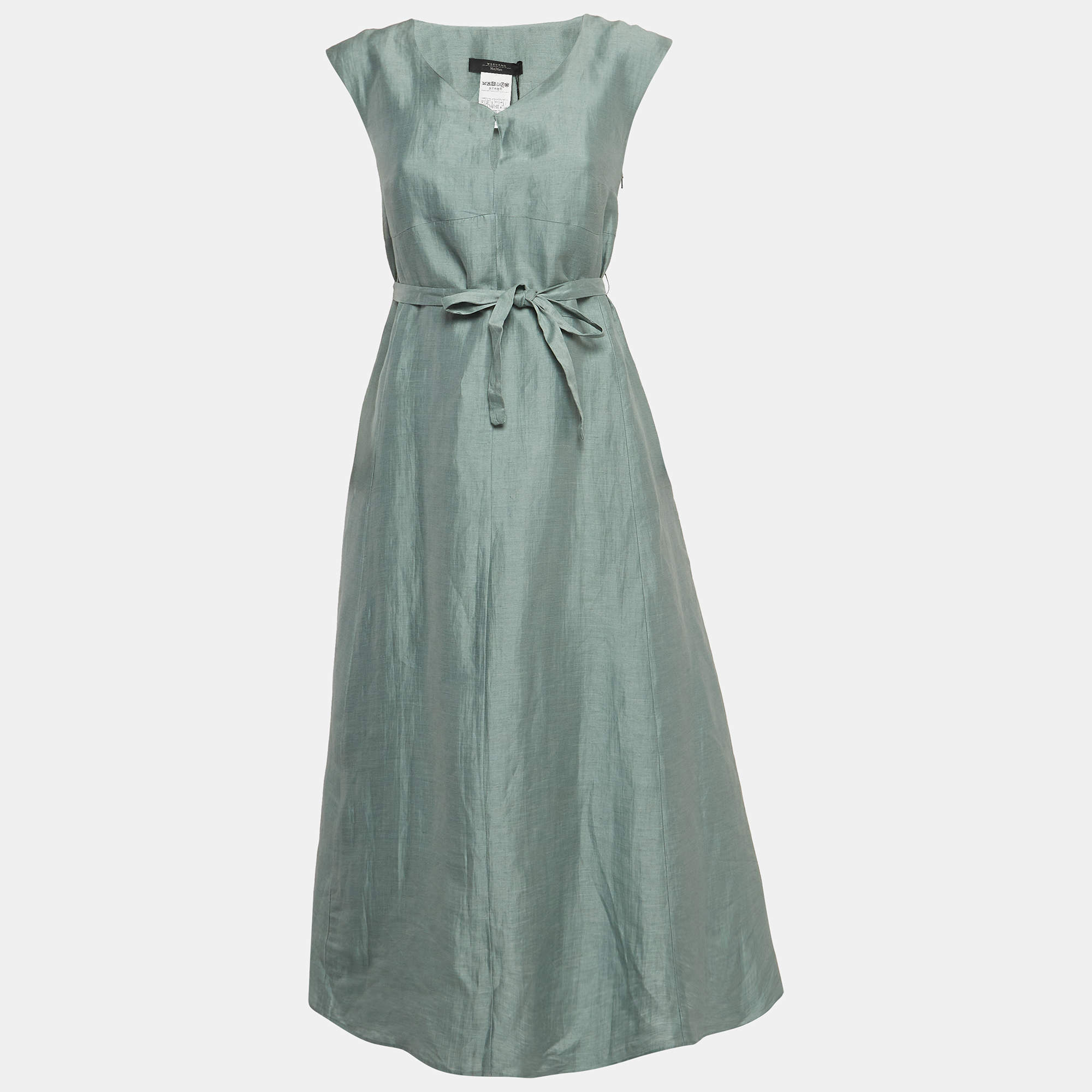 Pre Owned Weekend Max Mara Green Linen Blend Belted Gordon Midi Dress