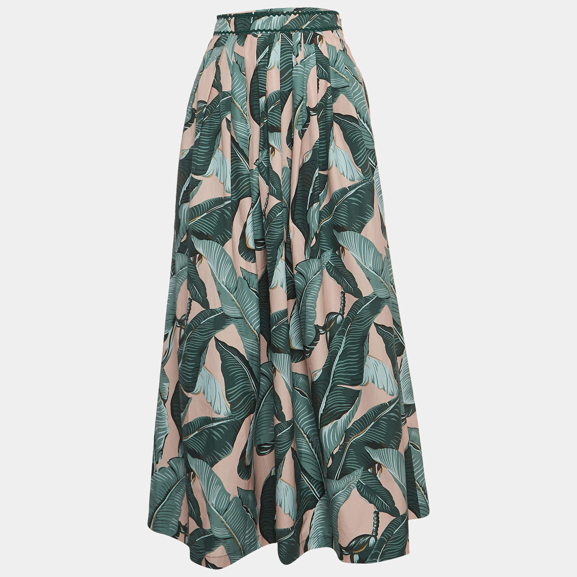 Weekend Max Mara Green Leaf Printed Cotton Pleated Eguale Midi Skirt S
