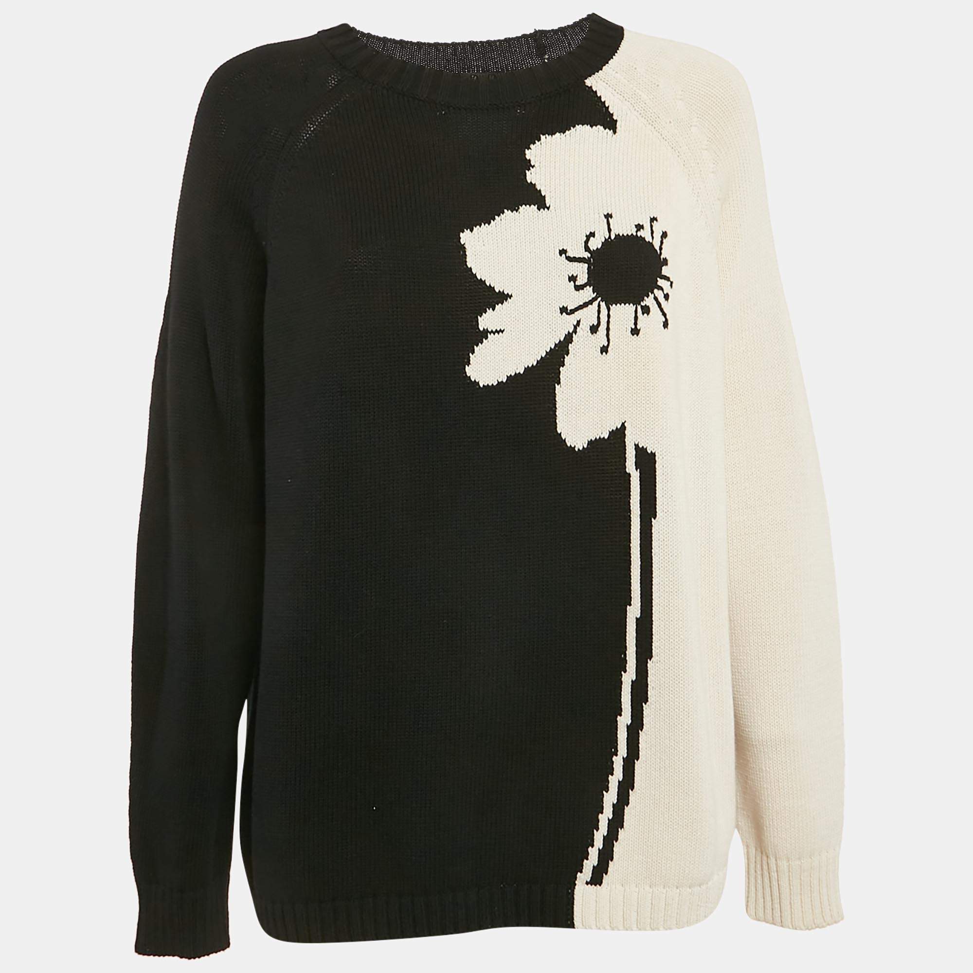 Weekend Max Mara Black/Off-White Intarsia Knit Long Sleeve Sweater L