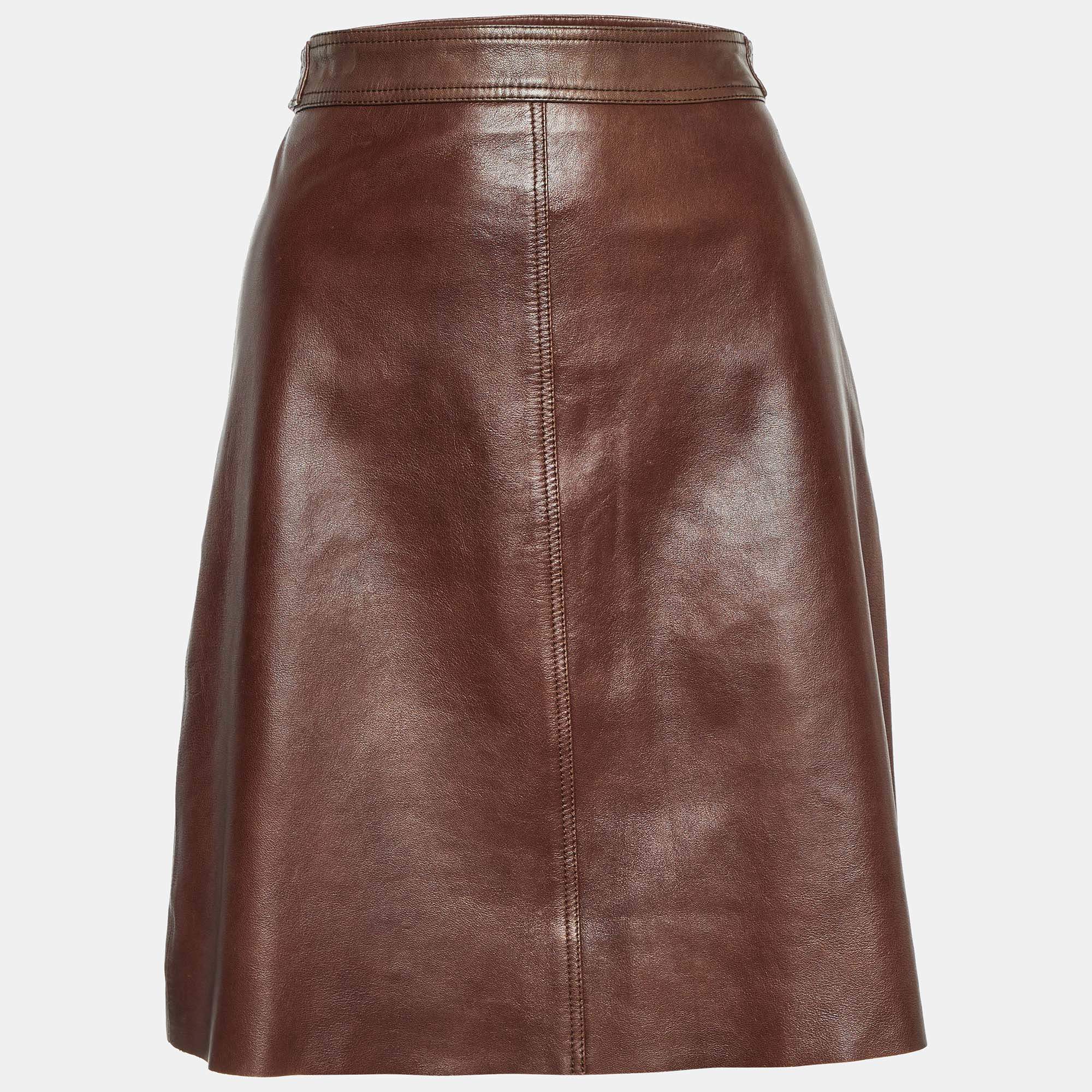 Pre Owned Weekend Max Mara Brown Leather Mini Skirt XS