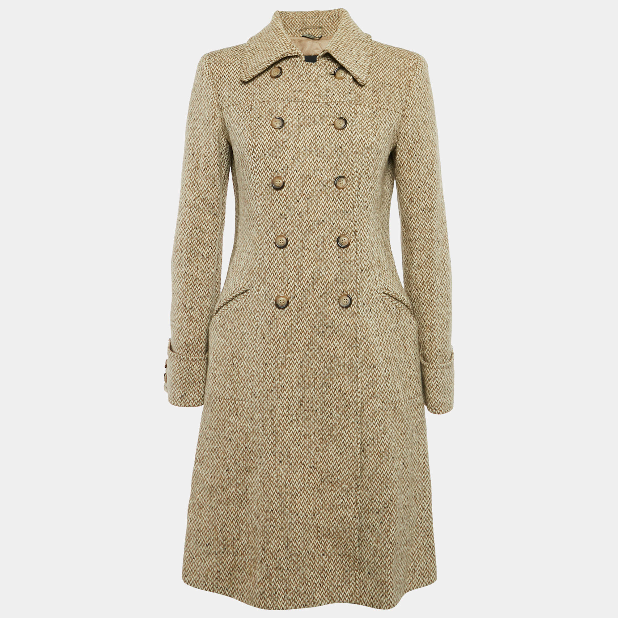 Pre Owned Weekend Max Mara Beige Wool Double Breasted Long Coat S