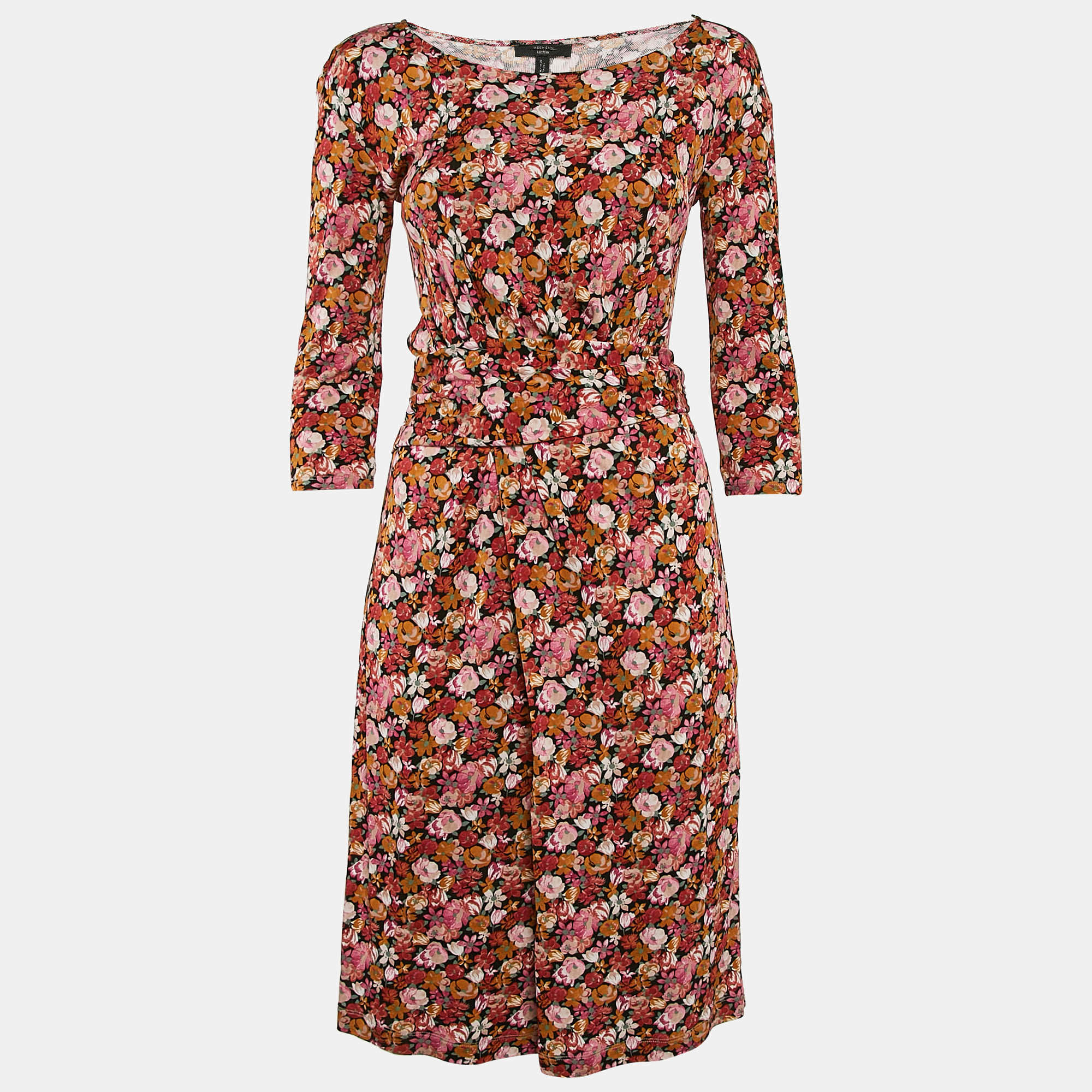 Weekend Max Mara Orange/Pink Floral Print Jersey Short Dress XS
