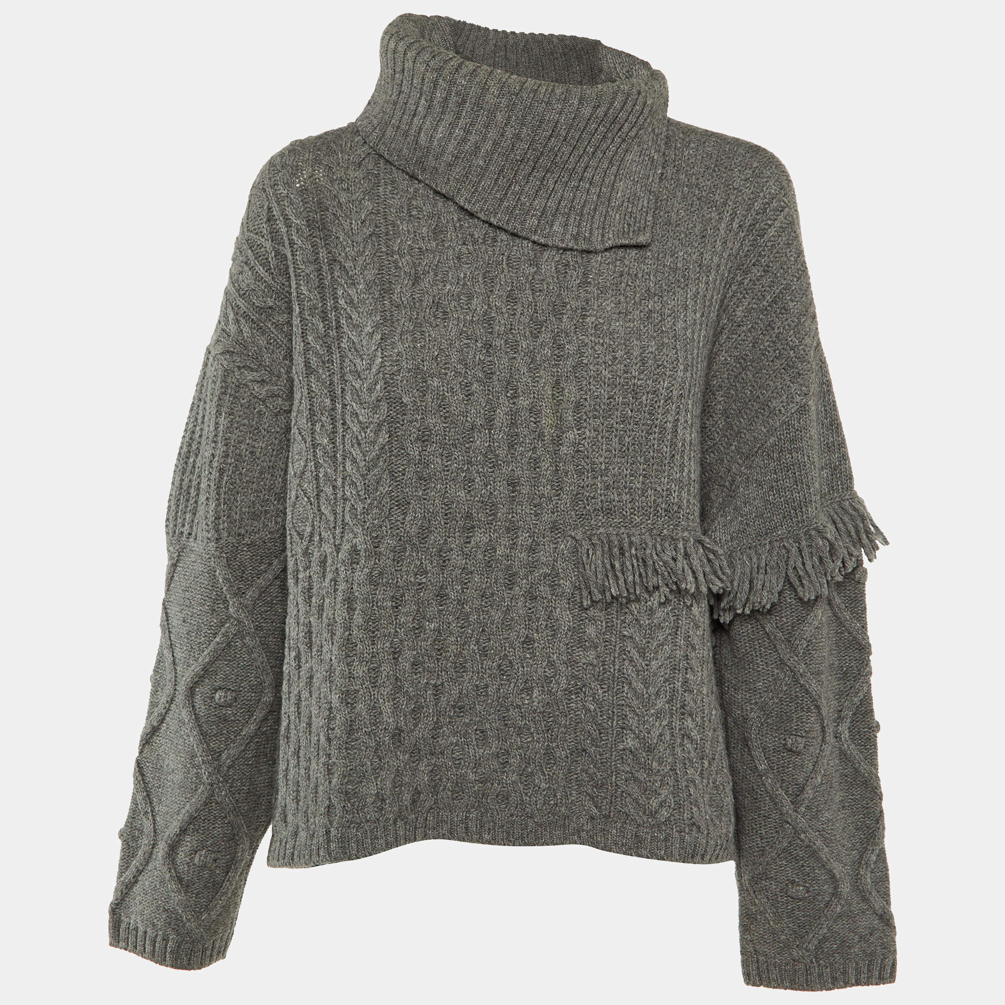 Weekend Max Mara Grey Cable Knit Tasseled Turtleneck Sweater M