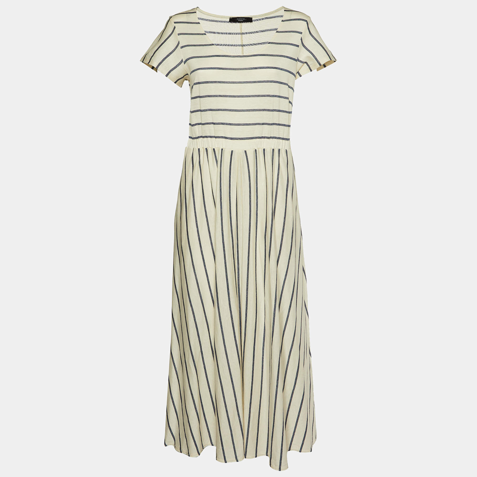 Weekend Max Mara White Striped Stretch Cotton Flared Maxi Dress L