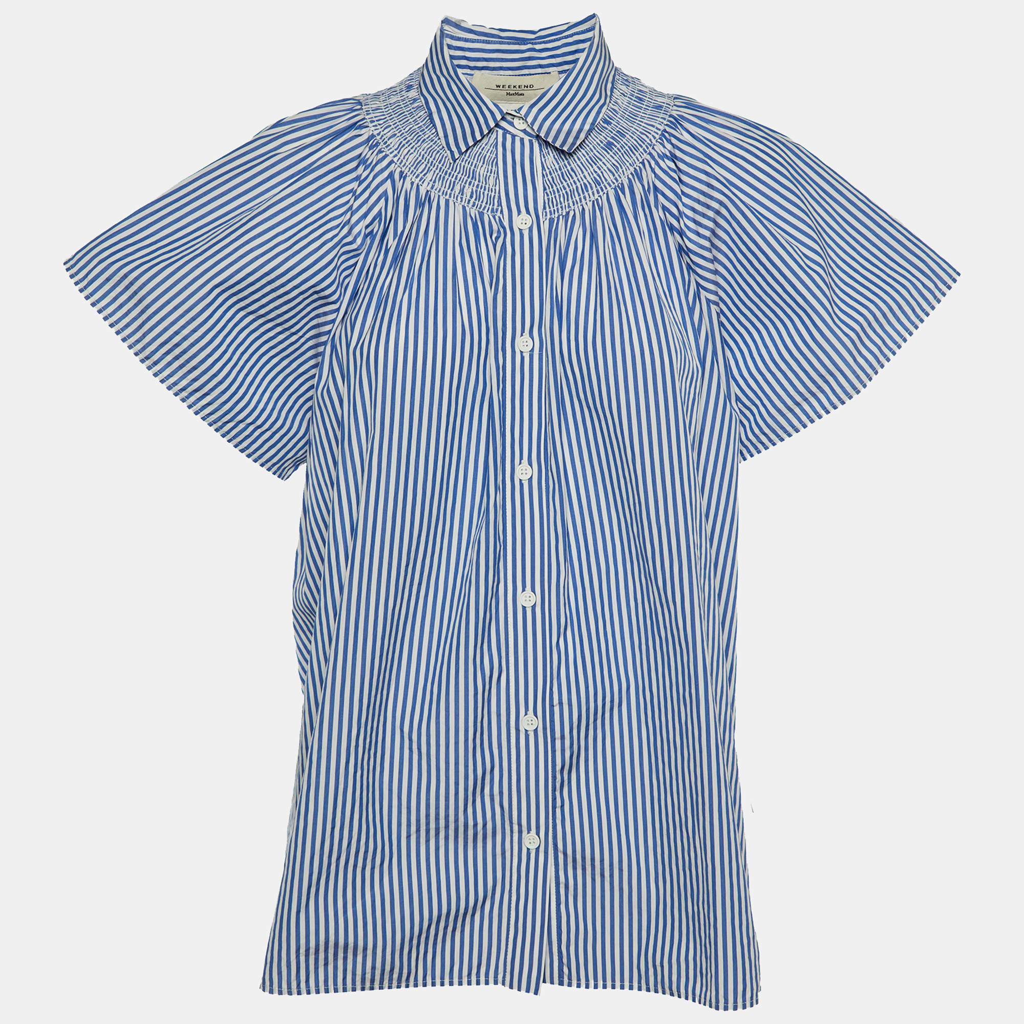 Pre Owned Weekend Max Mara Blue Striped Cotton Button Up Blouse M