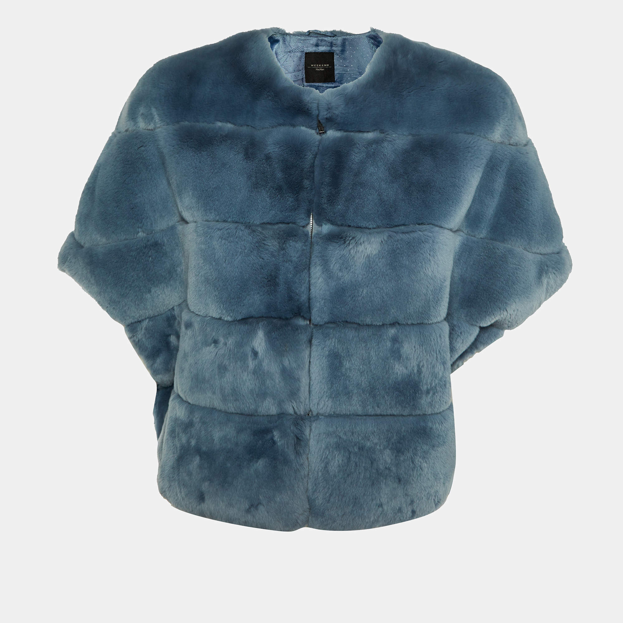 Weekend Max Mara Blue Rabbit Fur Zip Front Jacket S