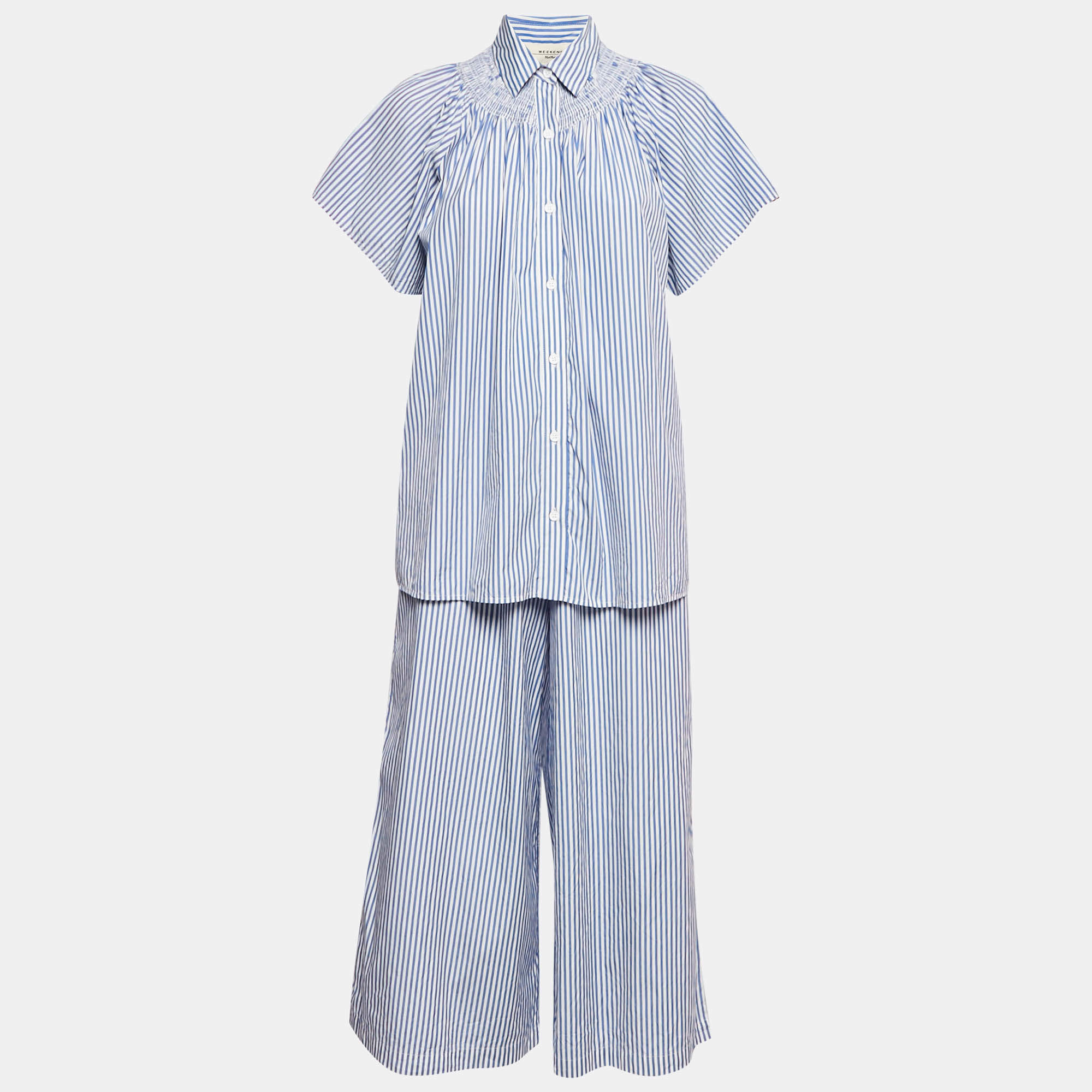 Weekend Max Mara Blue Stripe Cotton Capri Pants and Blouse Set S