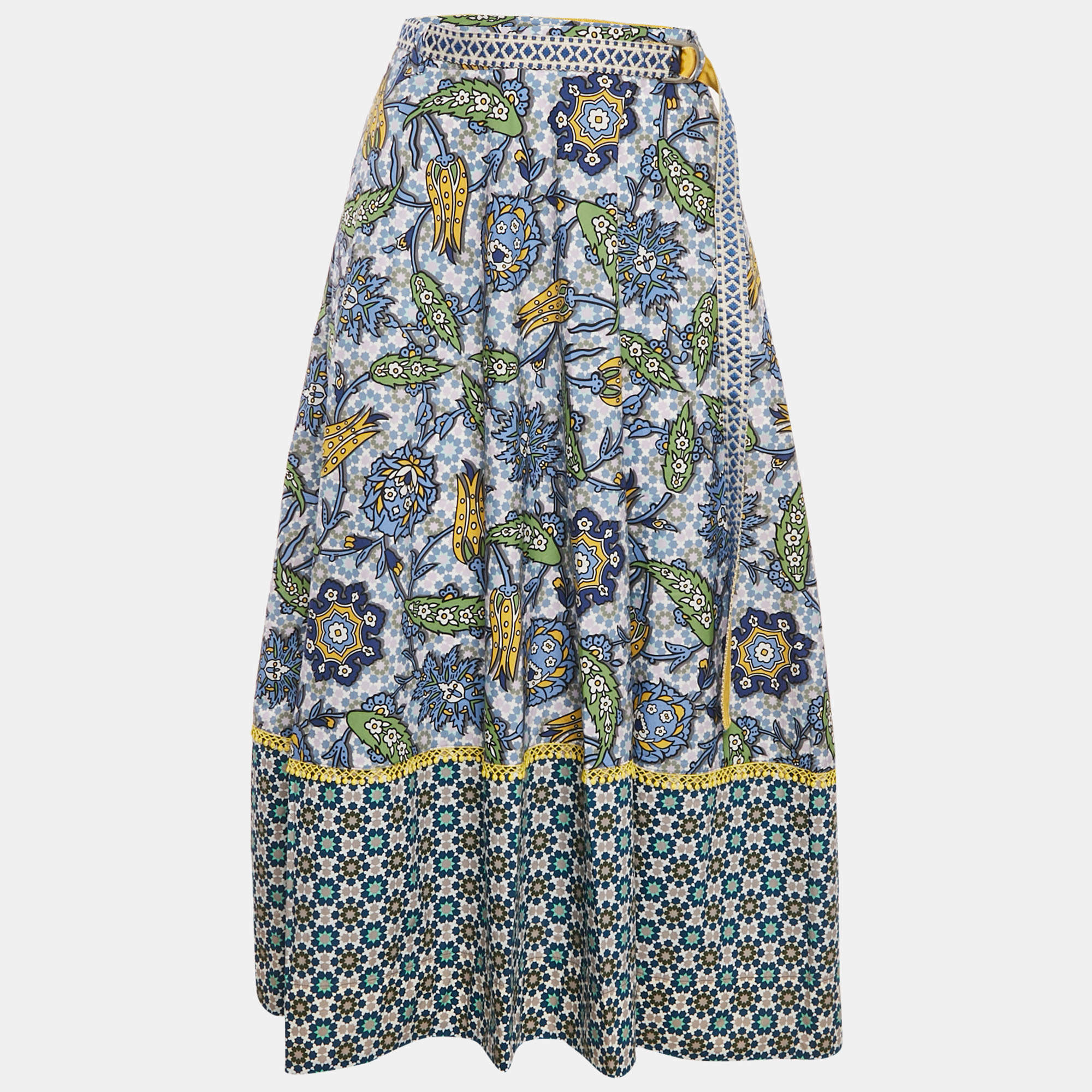 Pre Owned Weekend Max Mara Blue/Yellow Printed Cotton Maxi Skirt S