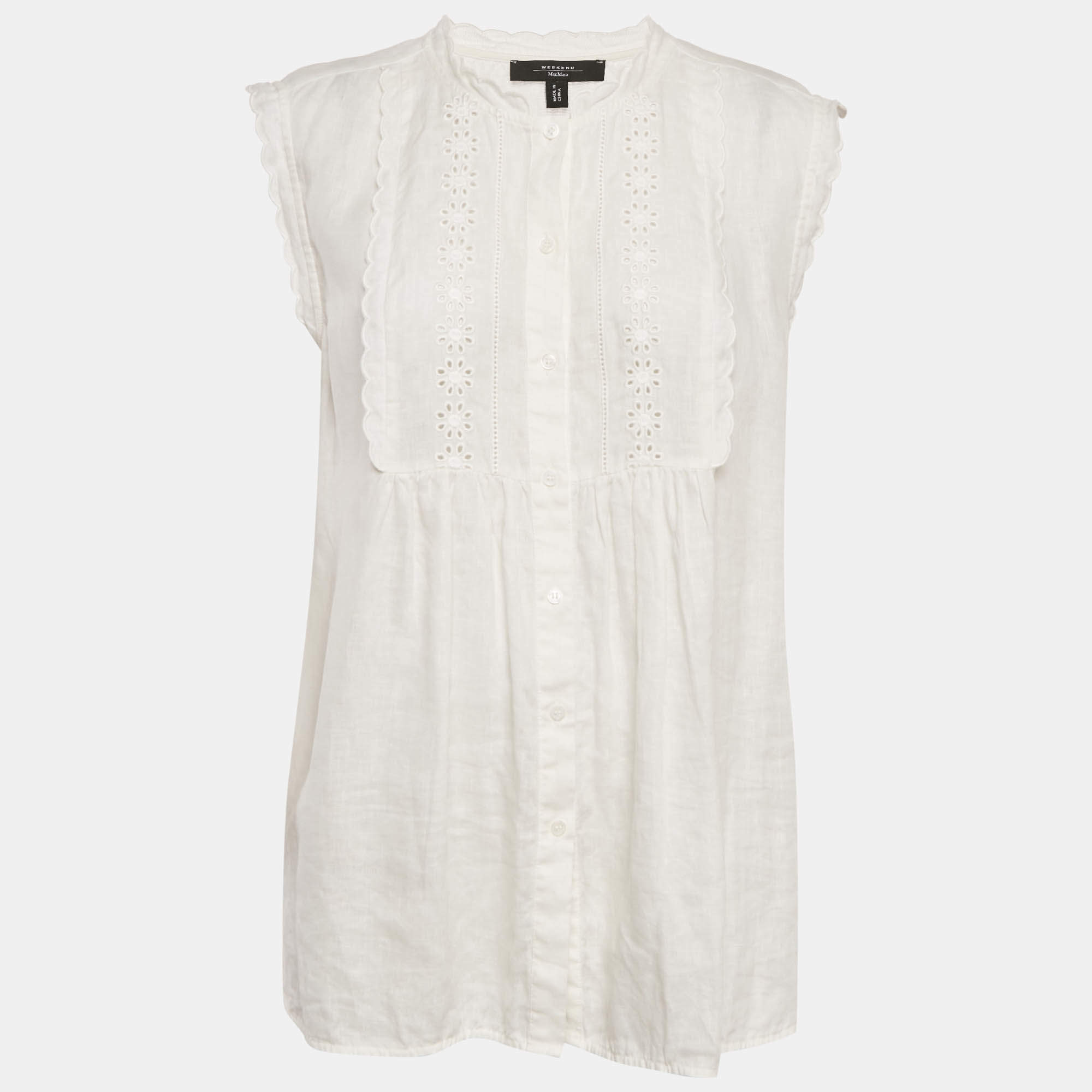 Pre Owned Weekend Max Mara White Embroidered Linen and Cotton Top XL