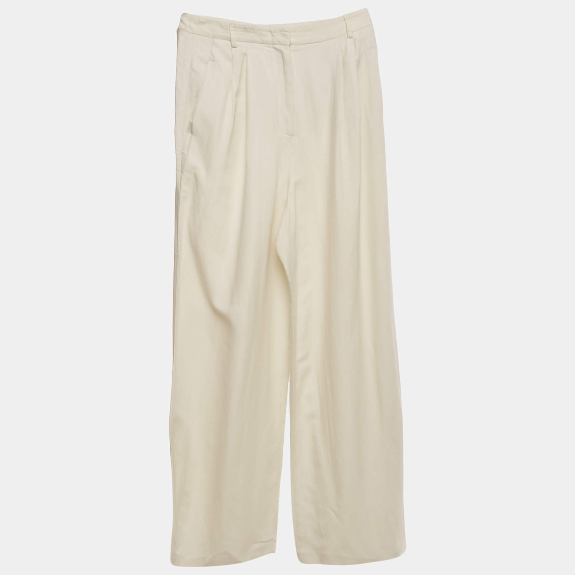 Pre Owned Weekend Max Mara Cream Linen Blend Pleated Wide-Leg Trousers L