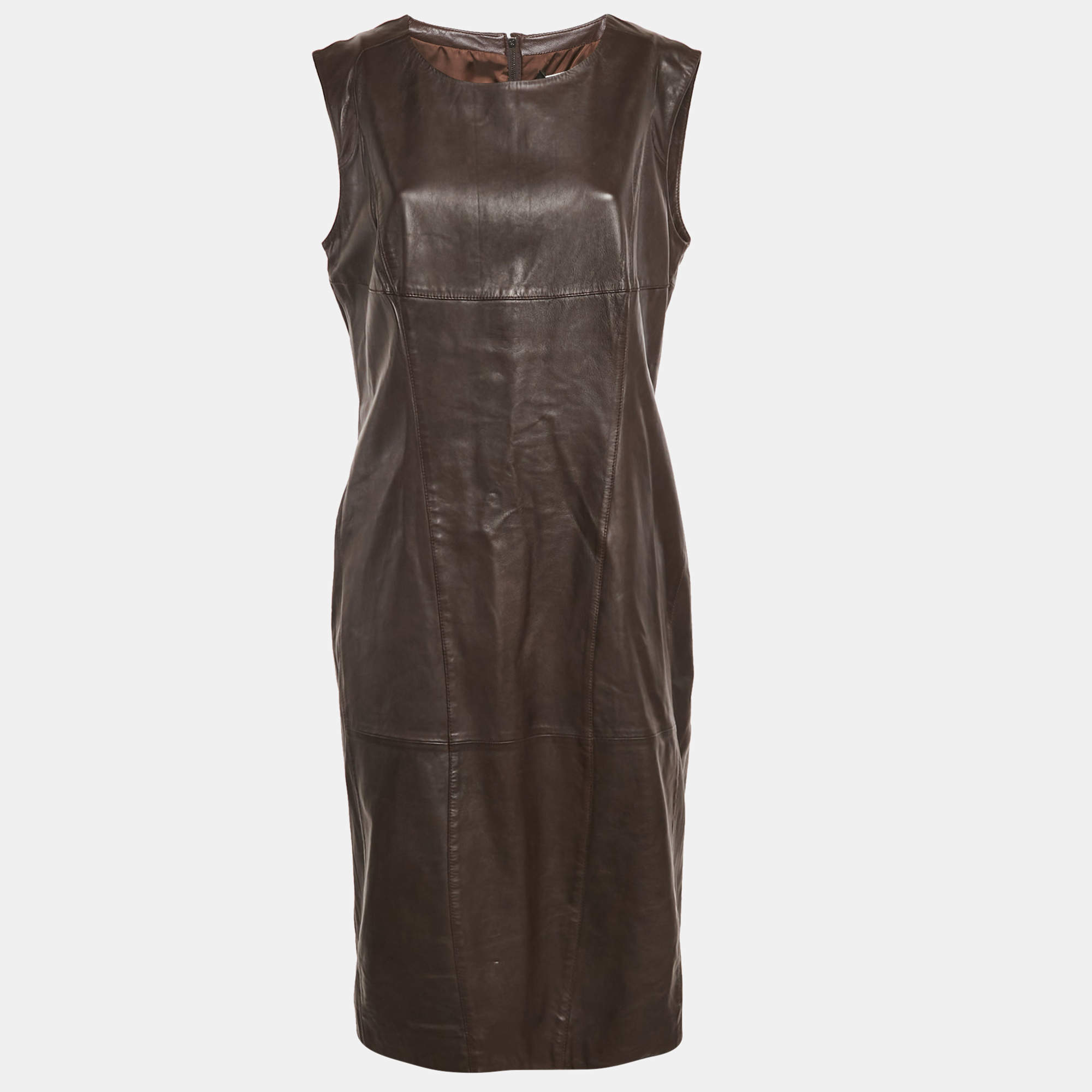 Pre Owned Weekend Max Mara Brown Leather Sleeveless Shorts Dress L