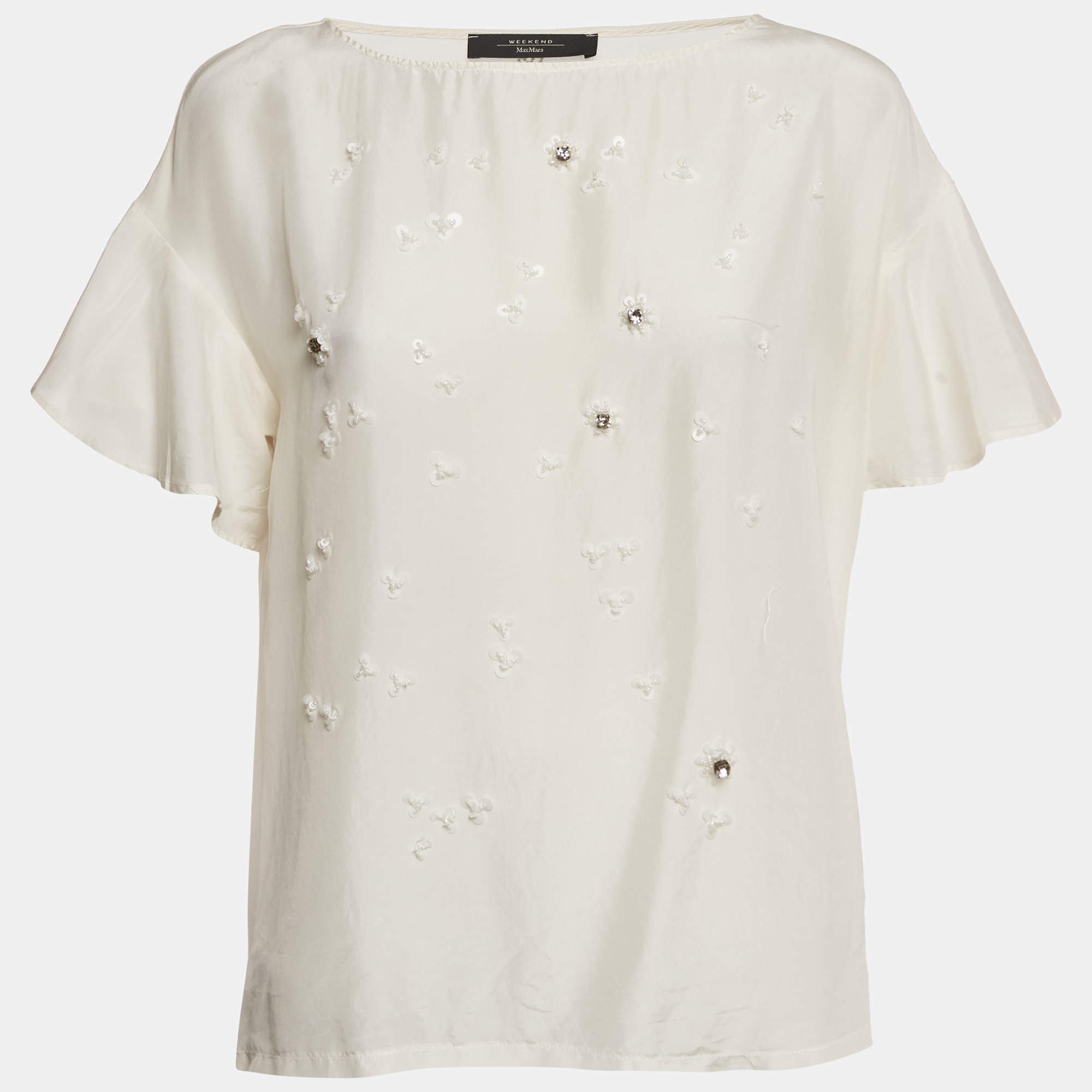 Pre Owned Weekend Max Mara White Sequin Embroidered Silk and Jersey Top L