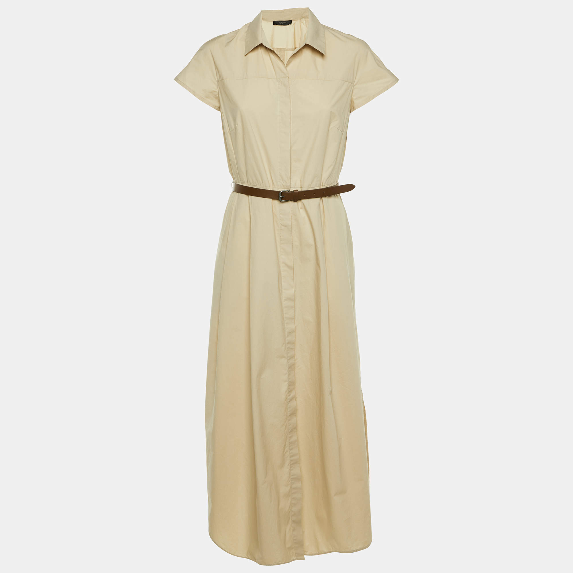 Pre Owned Weekend Max Mara Beige Cotton Belted Button Front Dress L